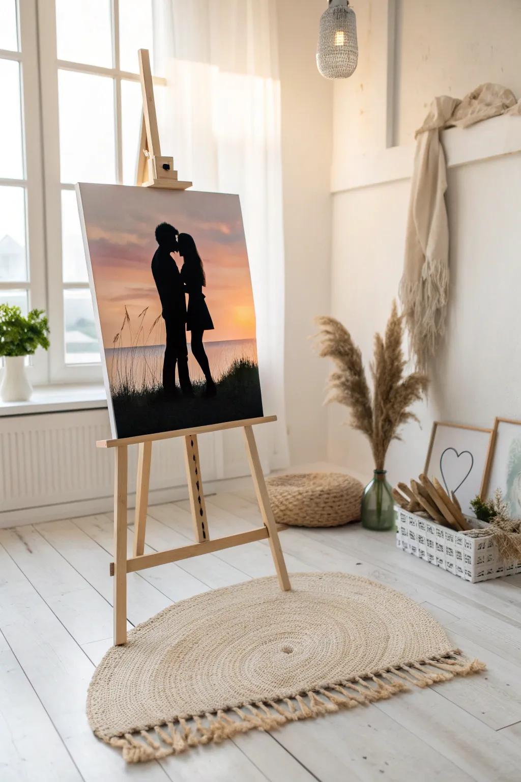 Capture timeless romance with a minimalist silhouette painting against a sunset backdrop.