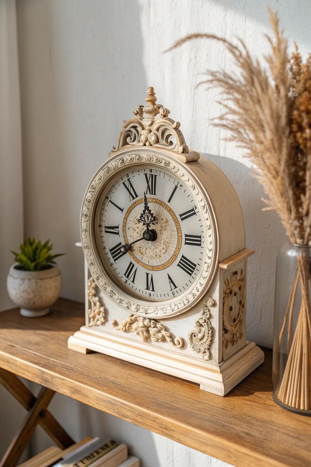 Timeless elegance meets minimalist charm with this vintage-inspired clock centerpiece.