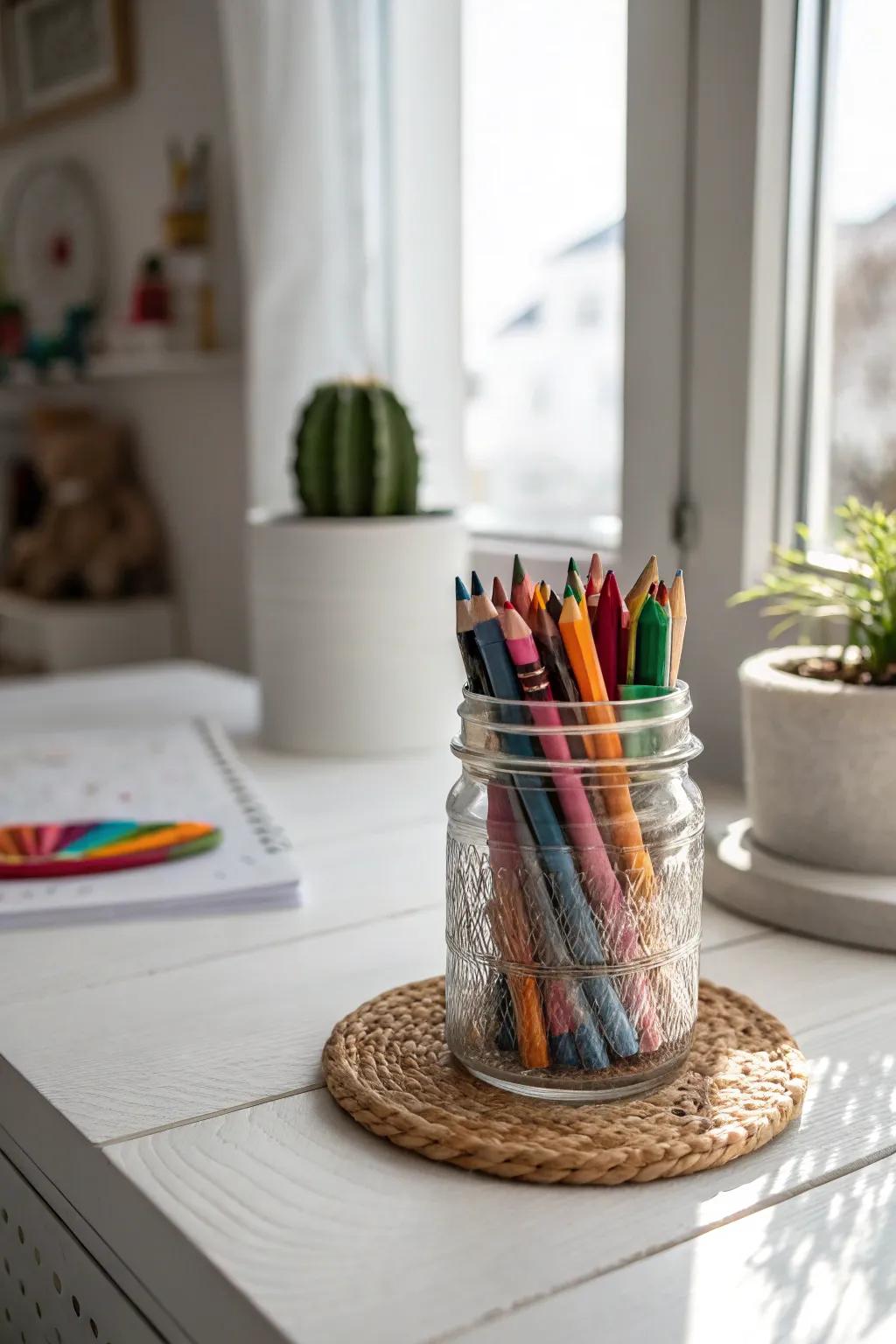 Organize your creativity with rustic charm — Mason jars make the perfect coloring station accessory.