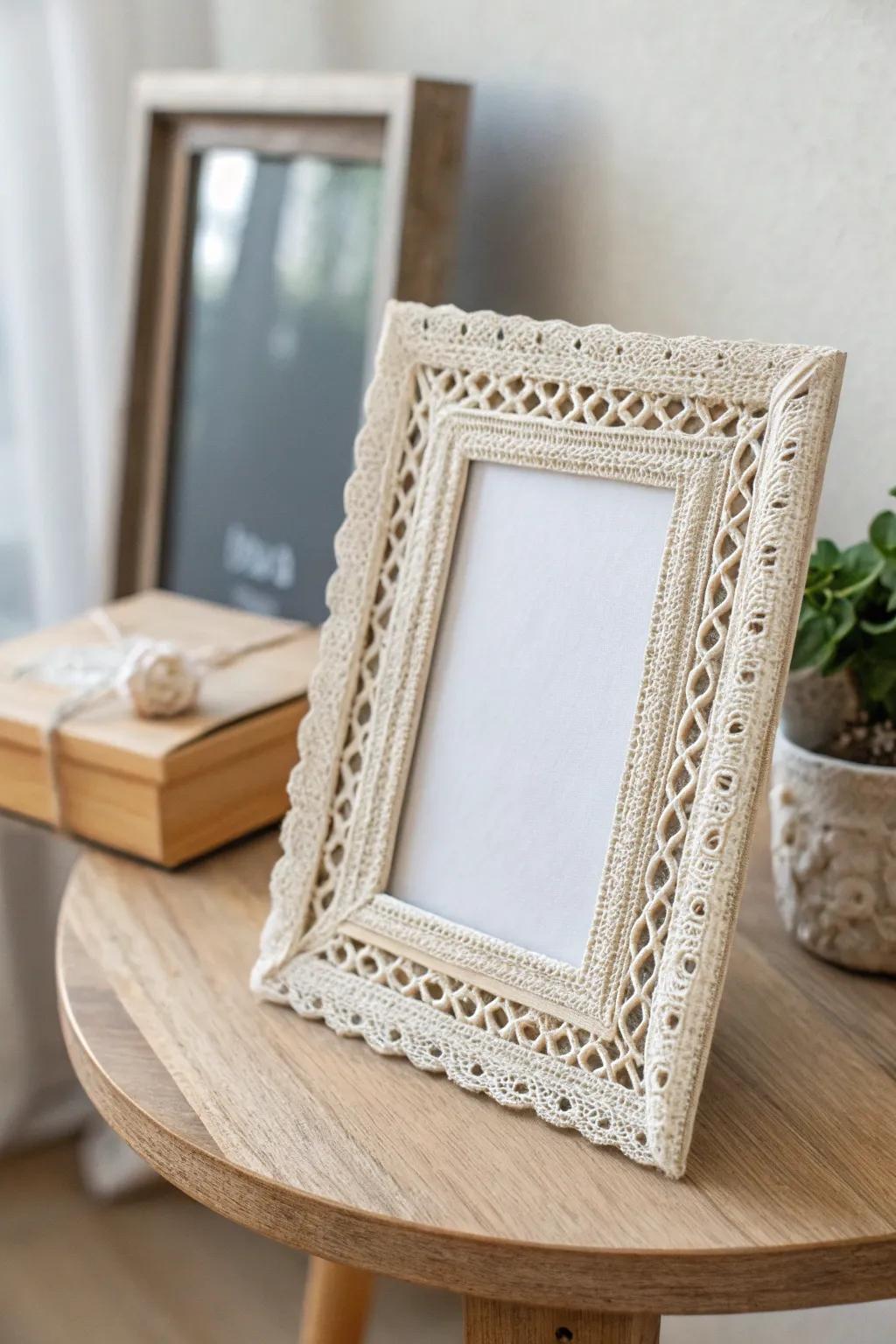Embrace timeless elegance with a vintage lace-adorned frame, perfect for adding a touch of charm to any space.