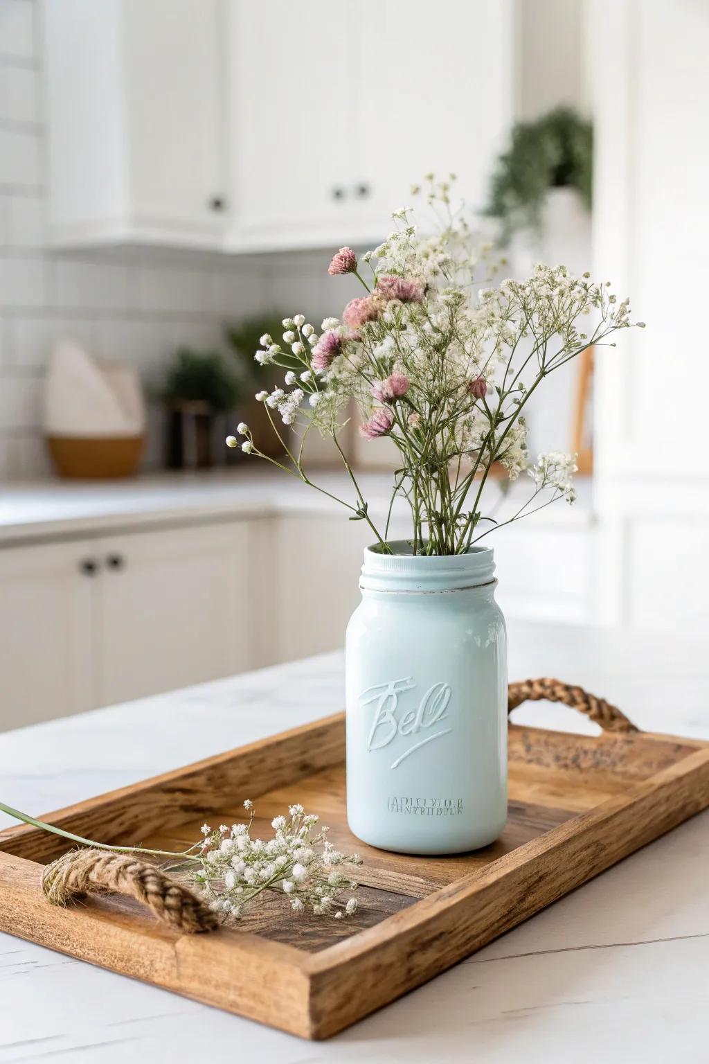 Elevate your kitchen decor with a charming pastel mason jar holder, perfectly blending minimalism with a touch of boho elegance.
