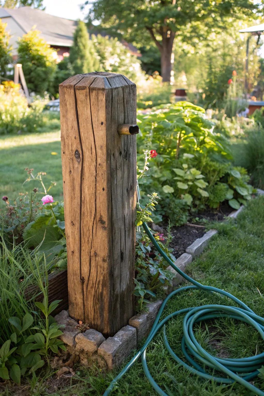 Embrace rustic charm with a handcrafted wooden post for your garden hose, blending seamlessly with nature.