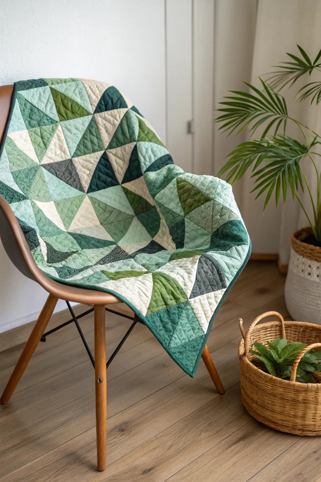 Transform your space with a touch of geometric elegance in vibrant greens. #QuiltArtistry #ScandiBoho