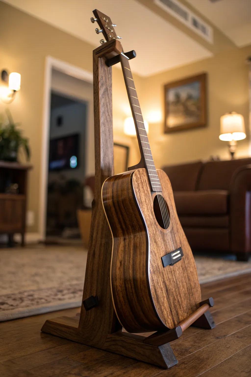 Embrace rustic elegance with this handcrafted wooden guitar stand, a perfect blend of artistry and function.