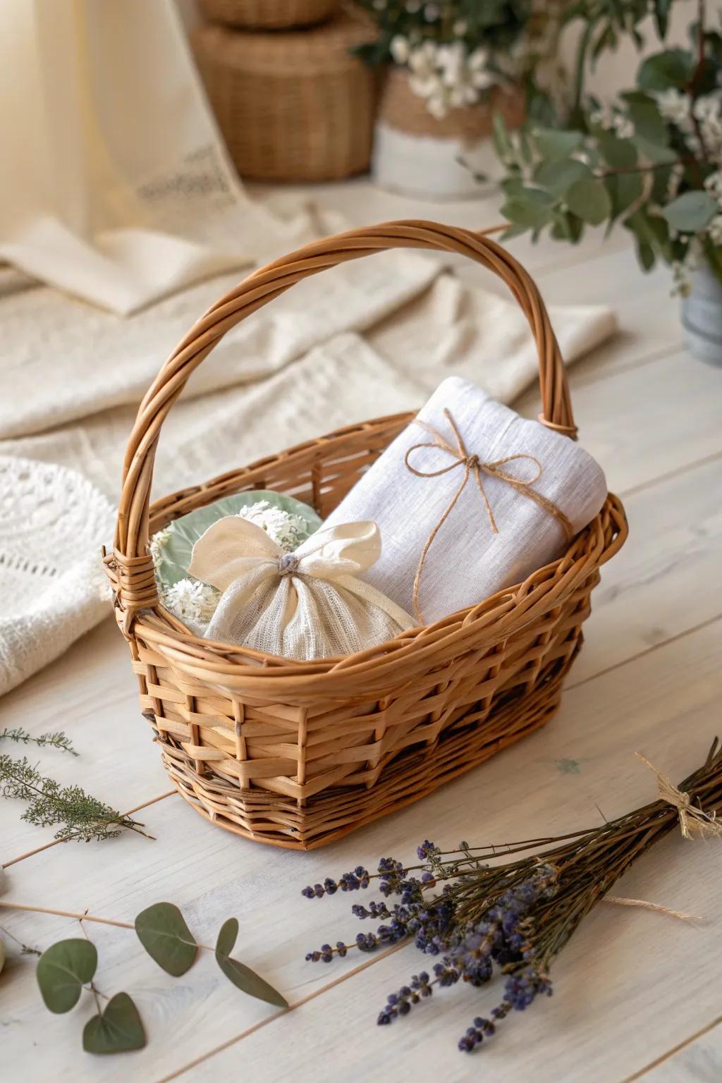 Timeless elegance: Discover the art of gift wrapping with a classic wicker basket.