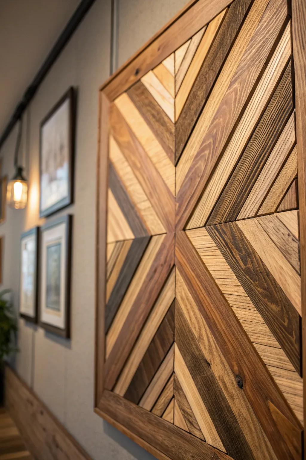 Elevate your space with handcrafted geometric wall art from leftover flooring. Perfect for those who appreciate the art of craftsmanship.