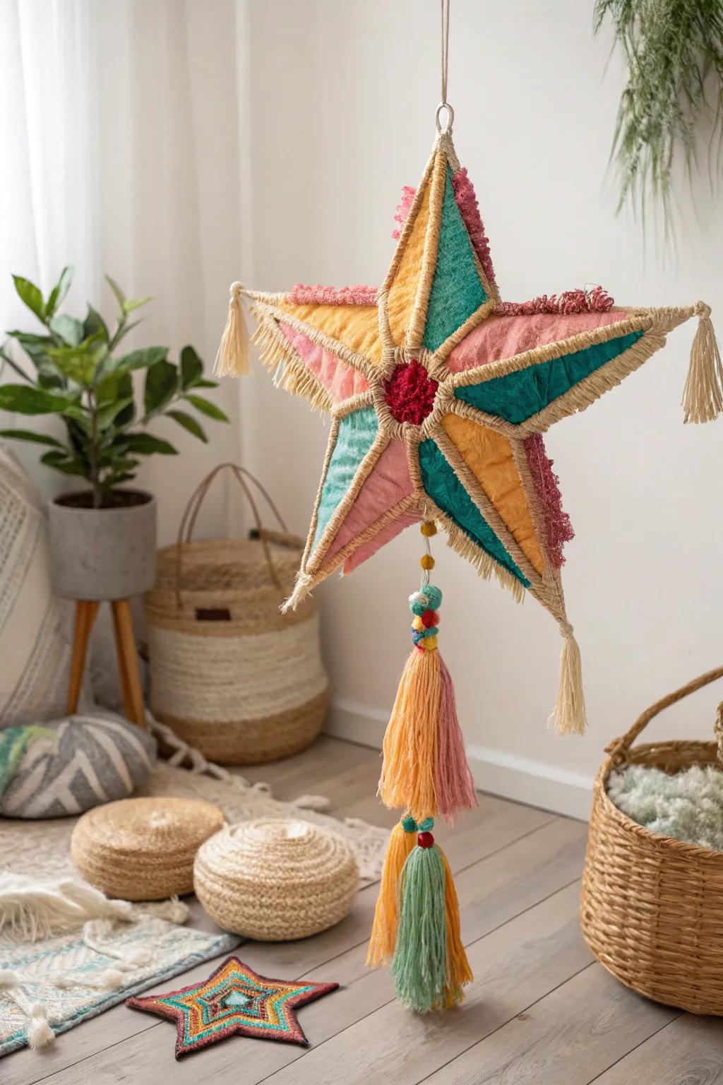 Celebrate with a splash of color and tradition: A timeless star piñata crafted with love and recycled materials.