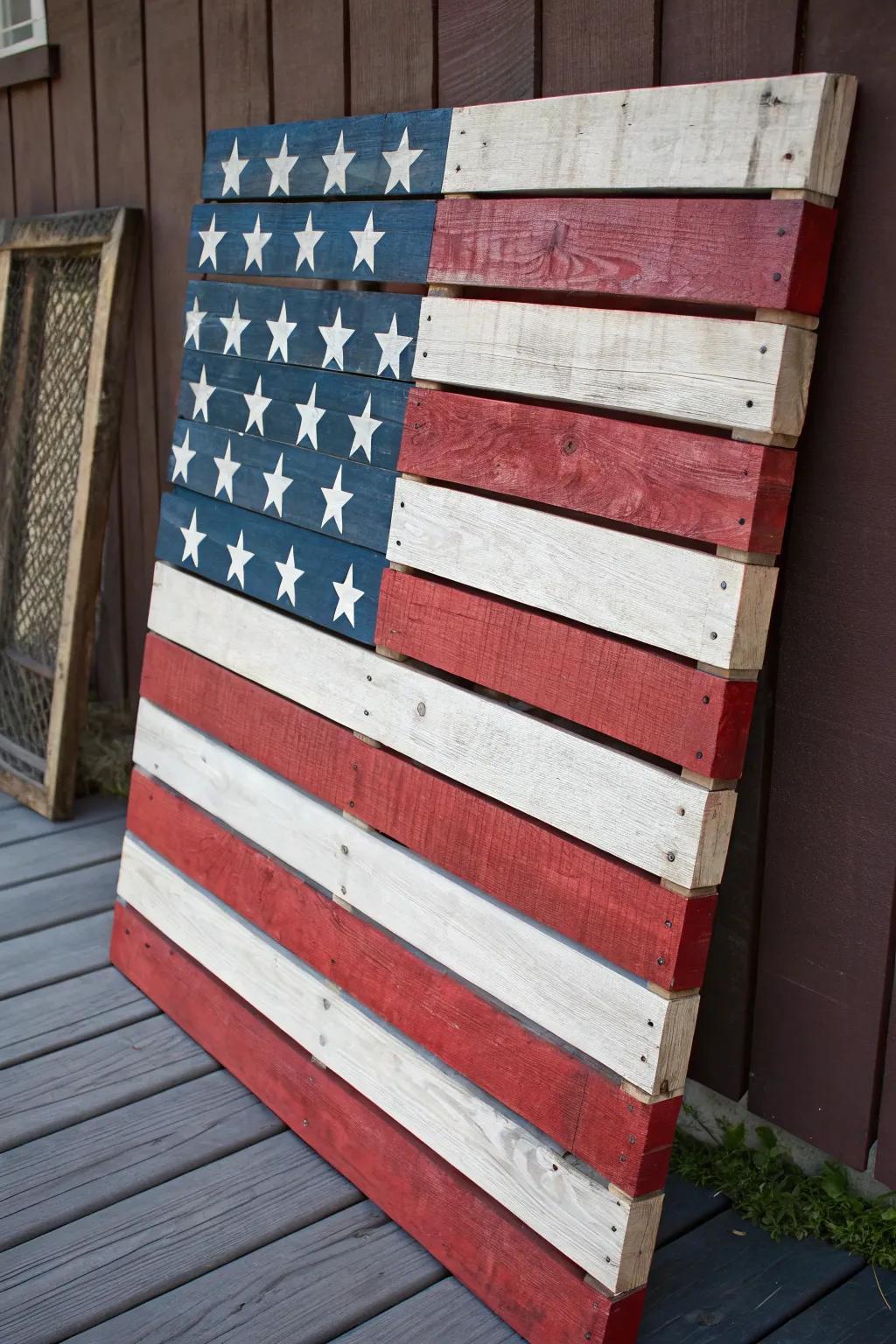 Embrace rustic patriotism with this handcrafted pallet flag, where craftsmanship meets classic Americana.