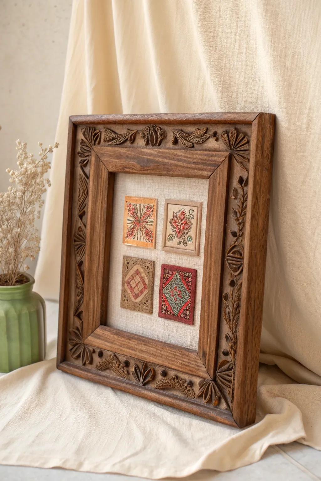 Embrace effortless elegance with this vintage frame display board, turning patches into stunning art pieces.