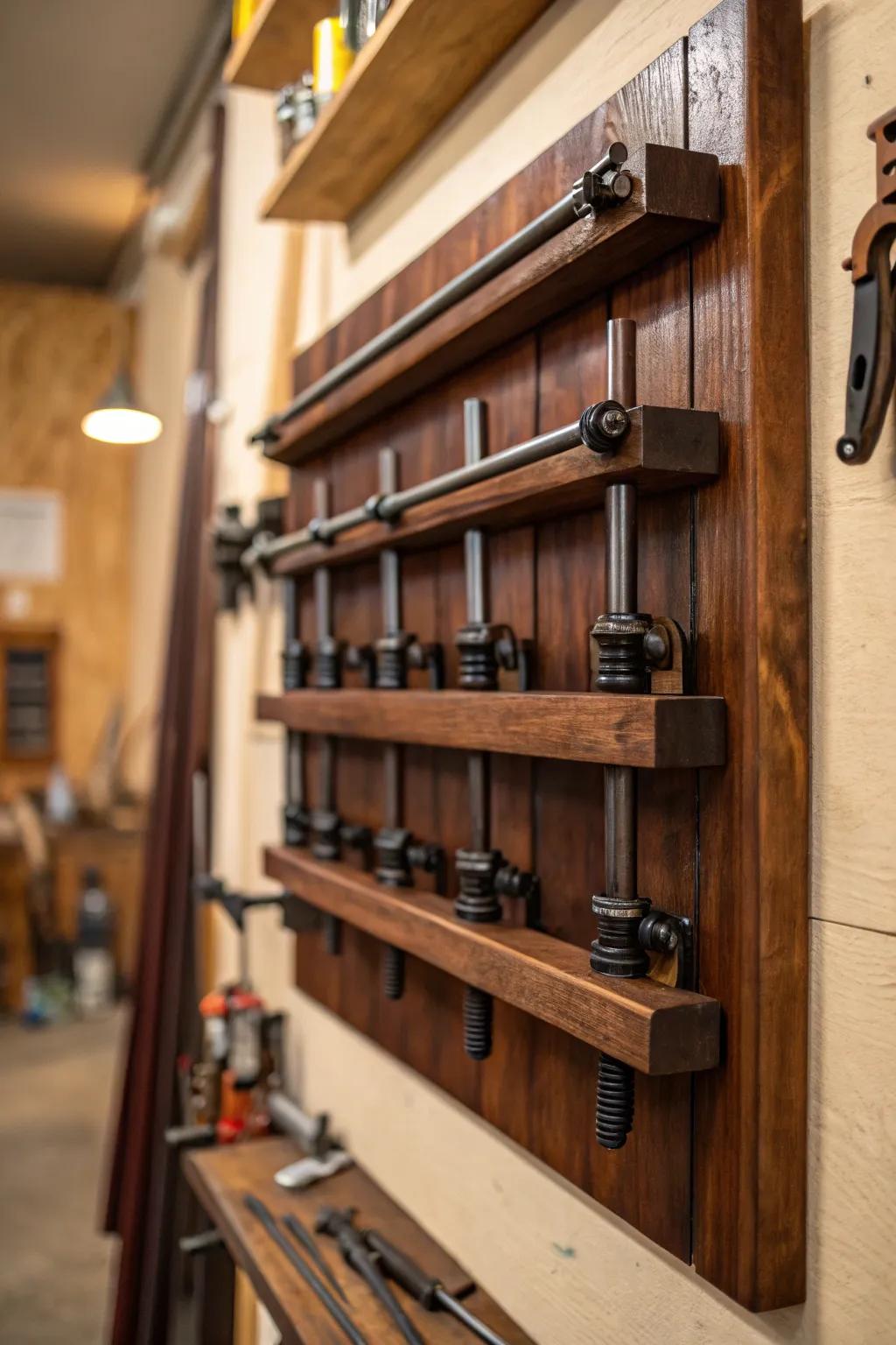 Elevate your workshop with a handcrafted wall-mounted rack that keeps your pipe clamps organized and within easy reach.