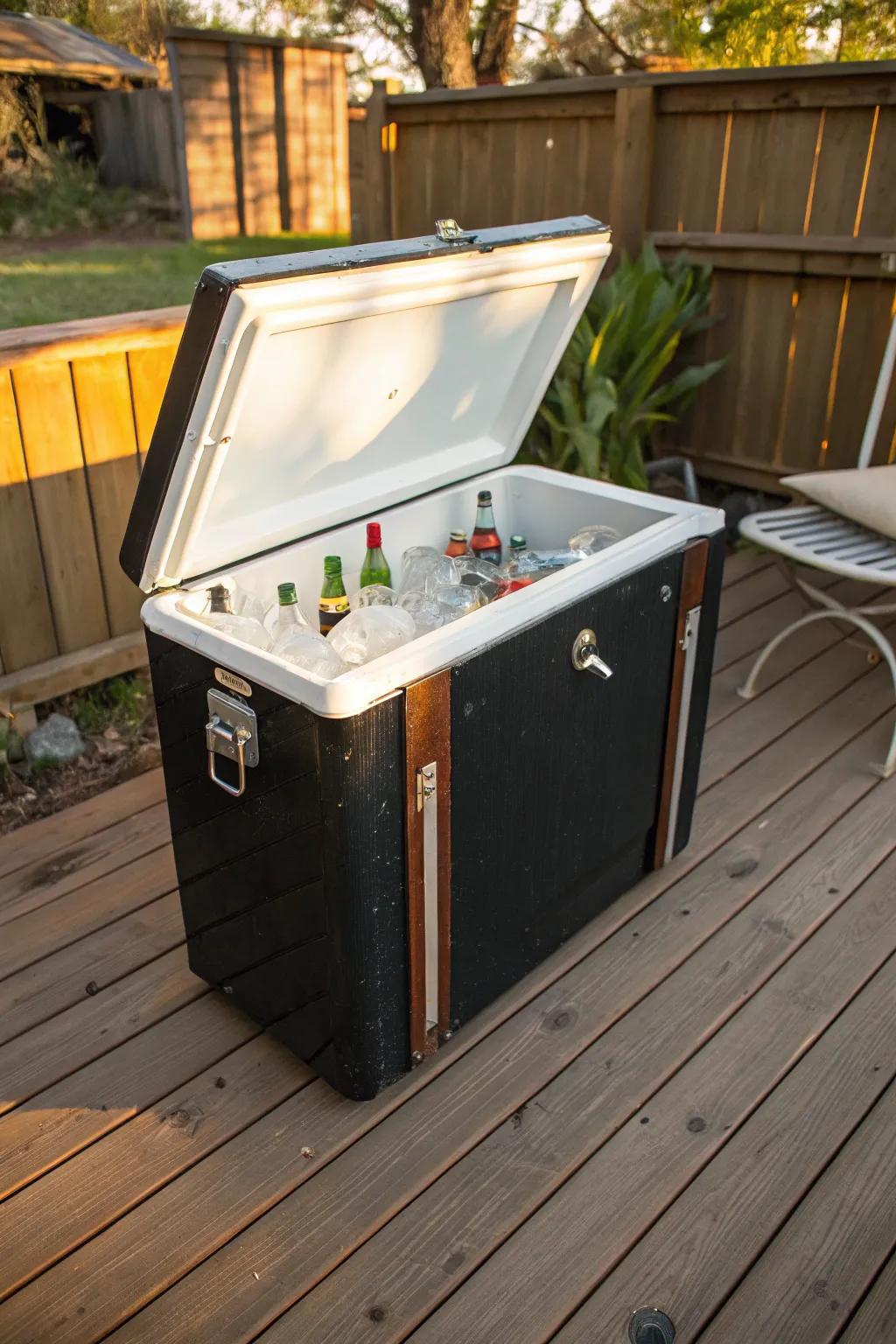 Elevate your backyard gatherings with this stylish, repurposed freezer drink cooler - a perfect blend of vintage charm and modern utility.