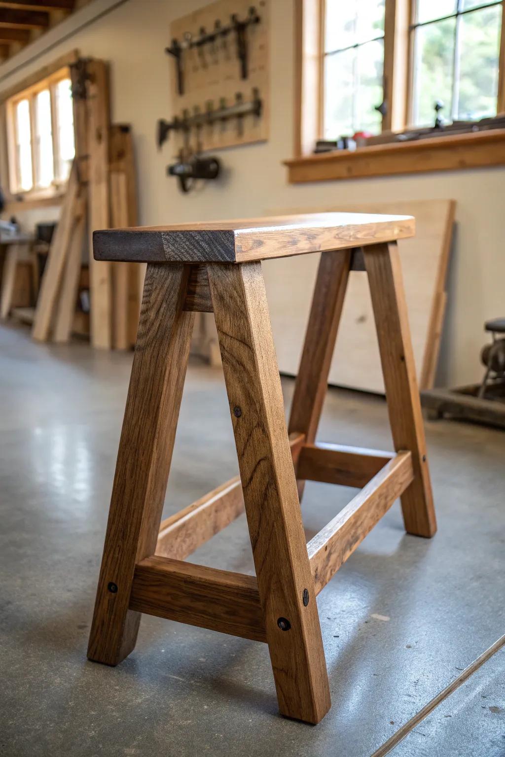 Elevate your workshop with this timeless wooden sawhorse, a testament to craftsmanship and creativity.