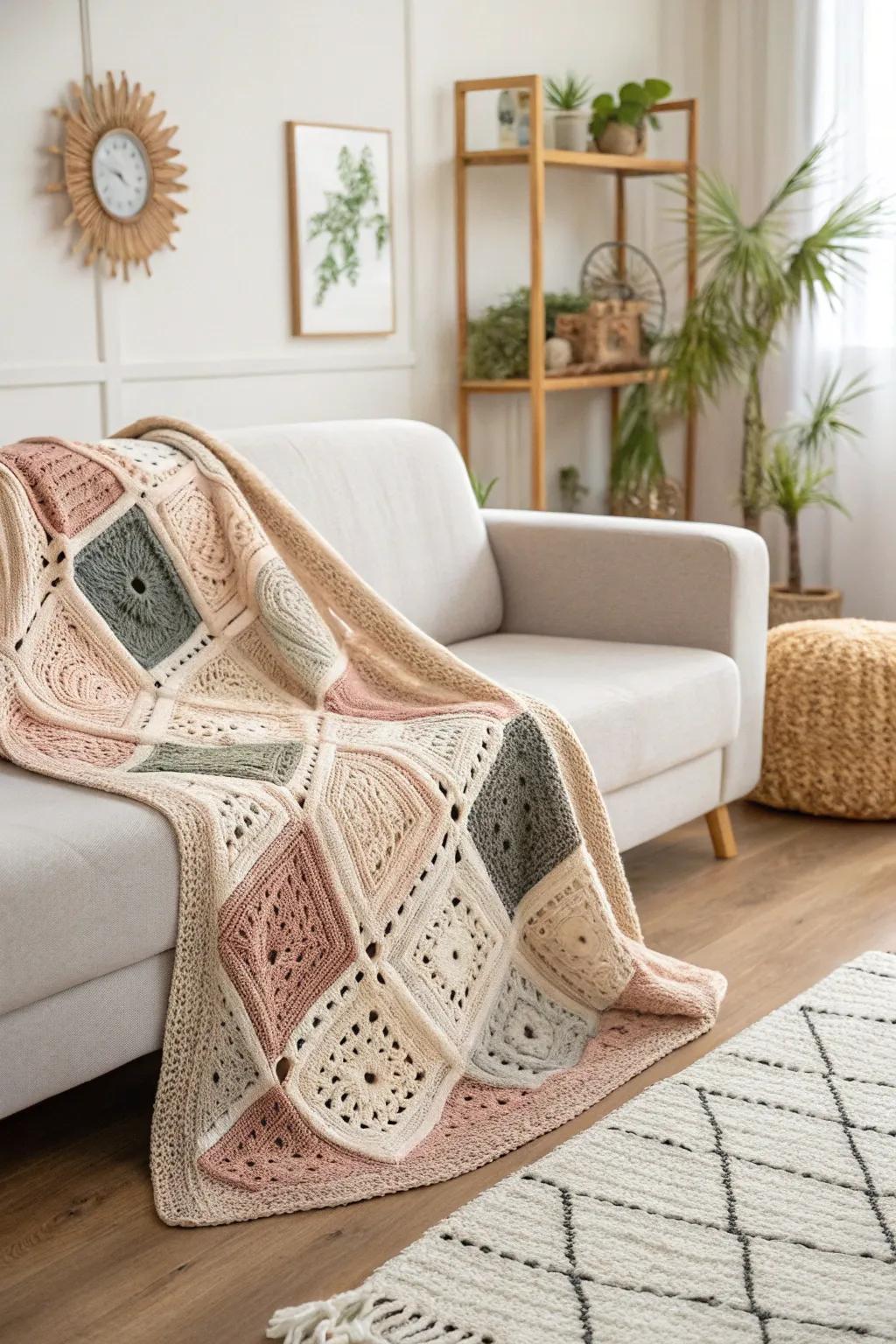 Warm up your space with a beautifully crafted patchwork blanket, a perfect blend of style and sustainability.