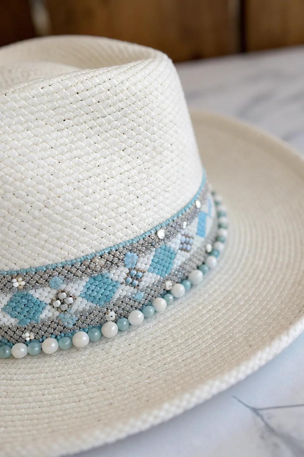 Embrace winter magic with a beaded hat band that sparkles in icy blues and silvery whites.