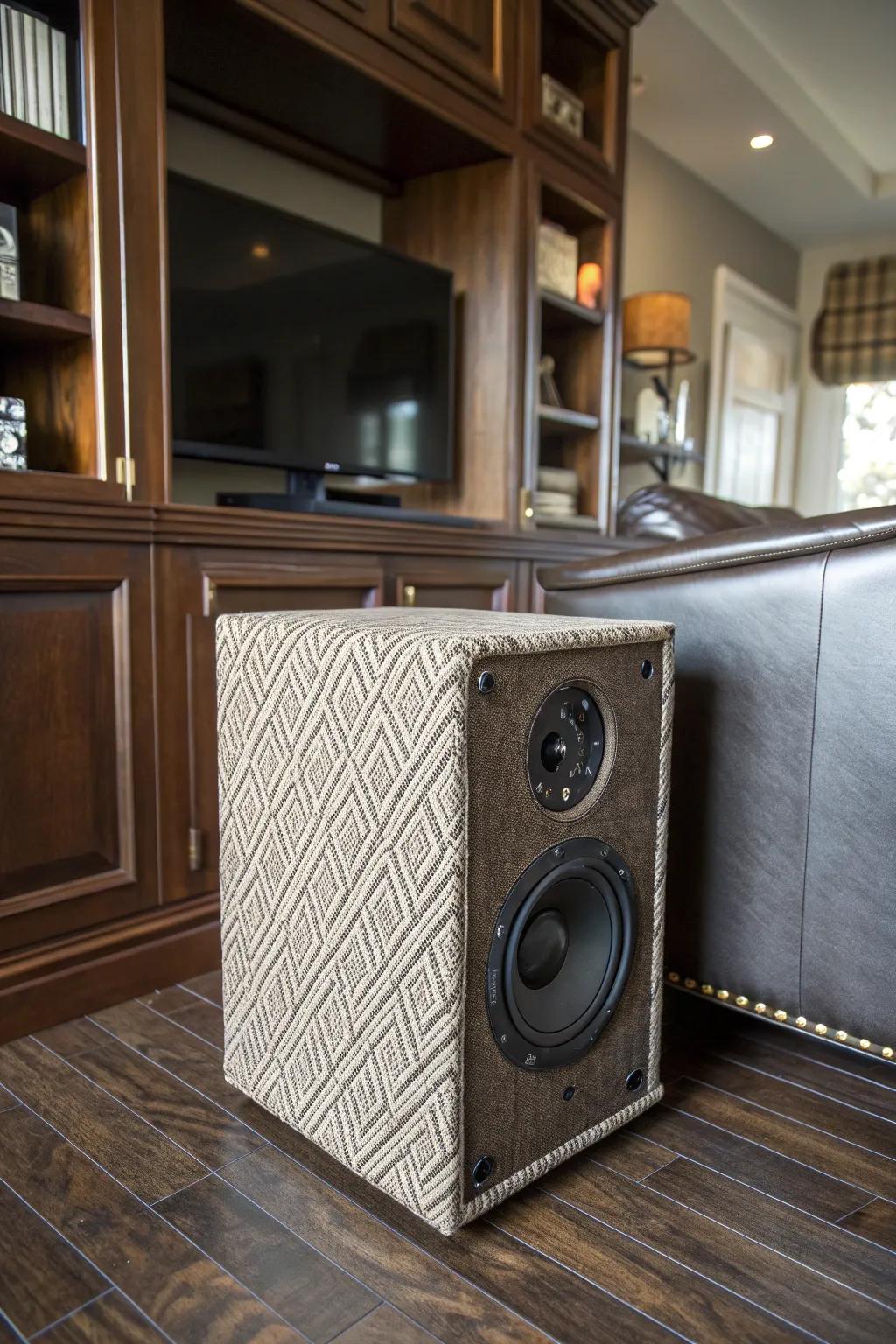 Elevate your sound system: Craftsmanship meets style with a fabric-wrapped speaker box.