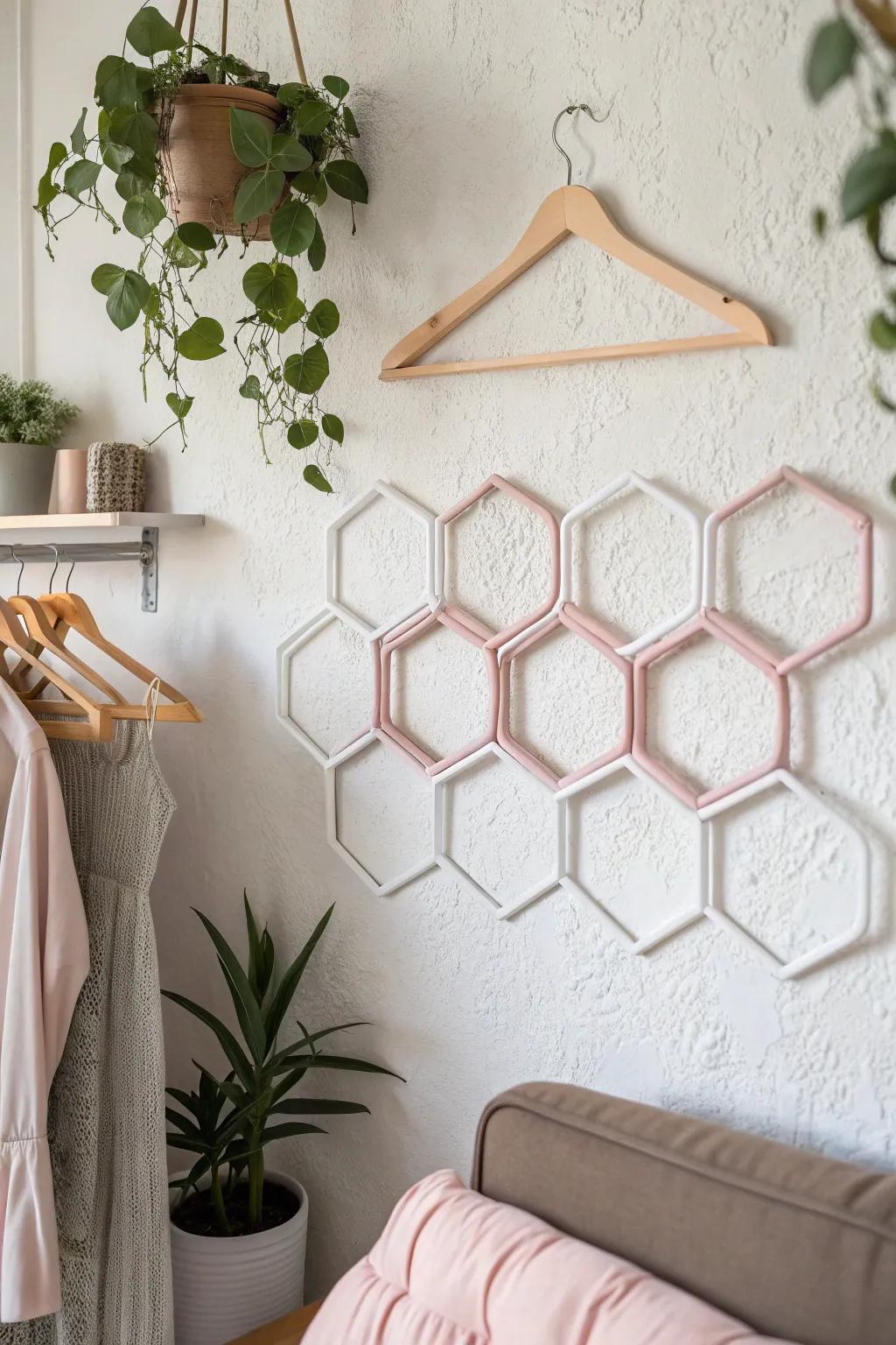 Transform everyday hangers into stunning geometric wall art—elegance in simplicity.