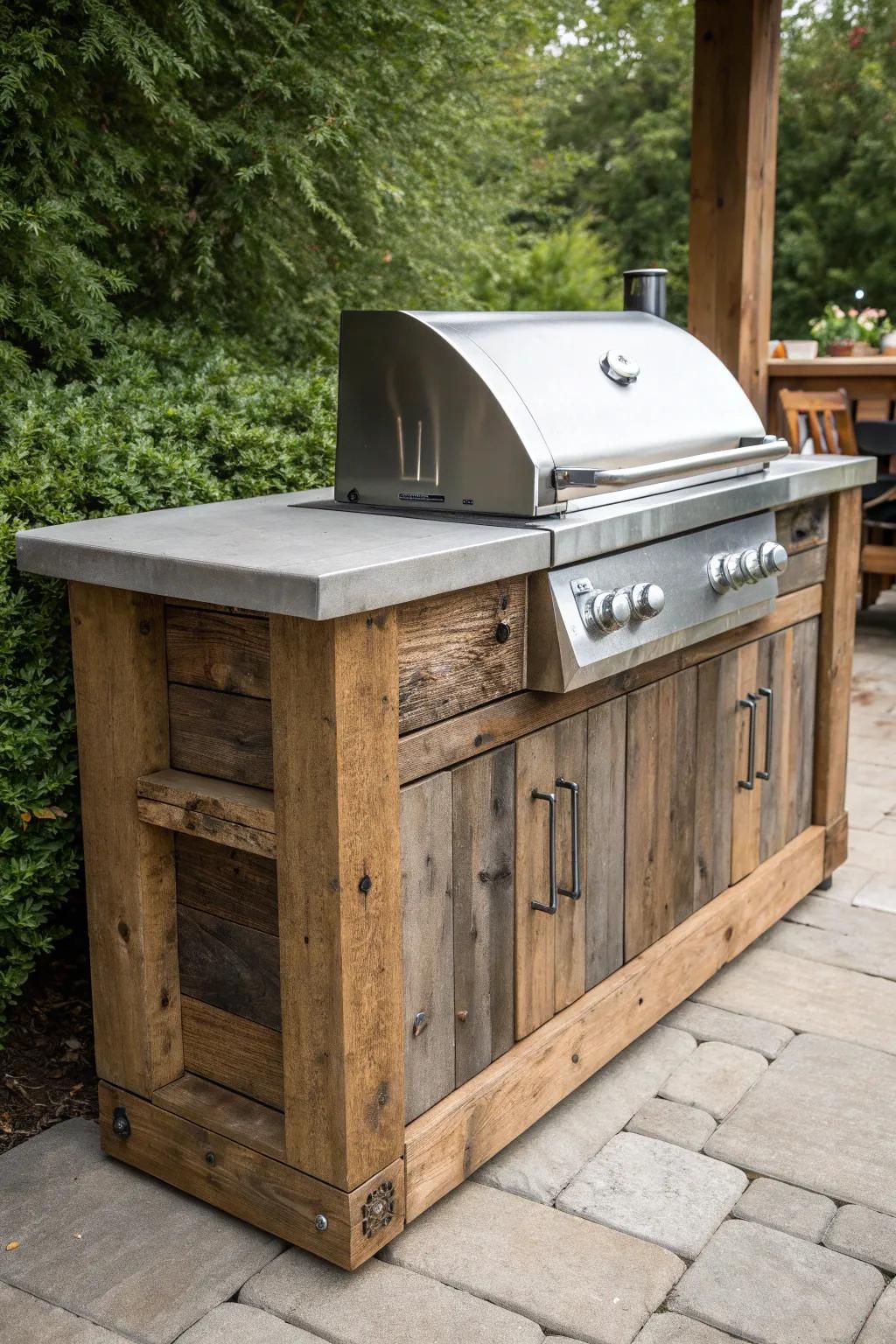Elevate your outdoor cooking with a rustic wood and steel grill station, where timeless craftsmanship meets modern elegance.