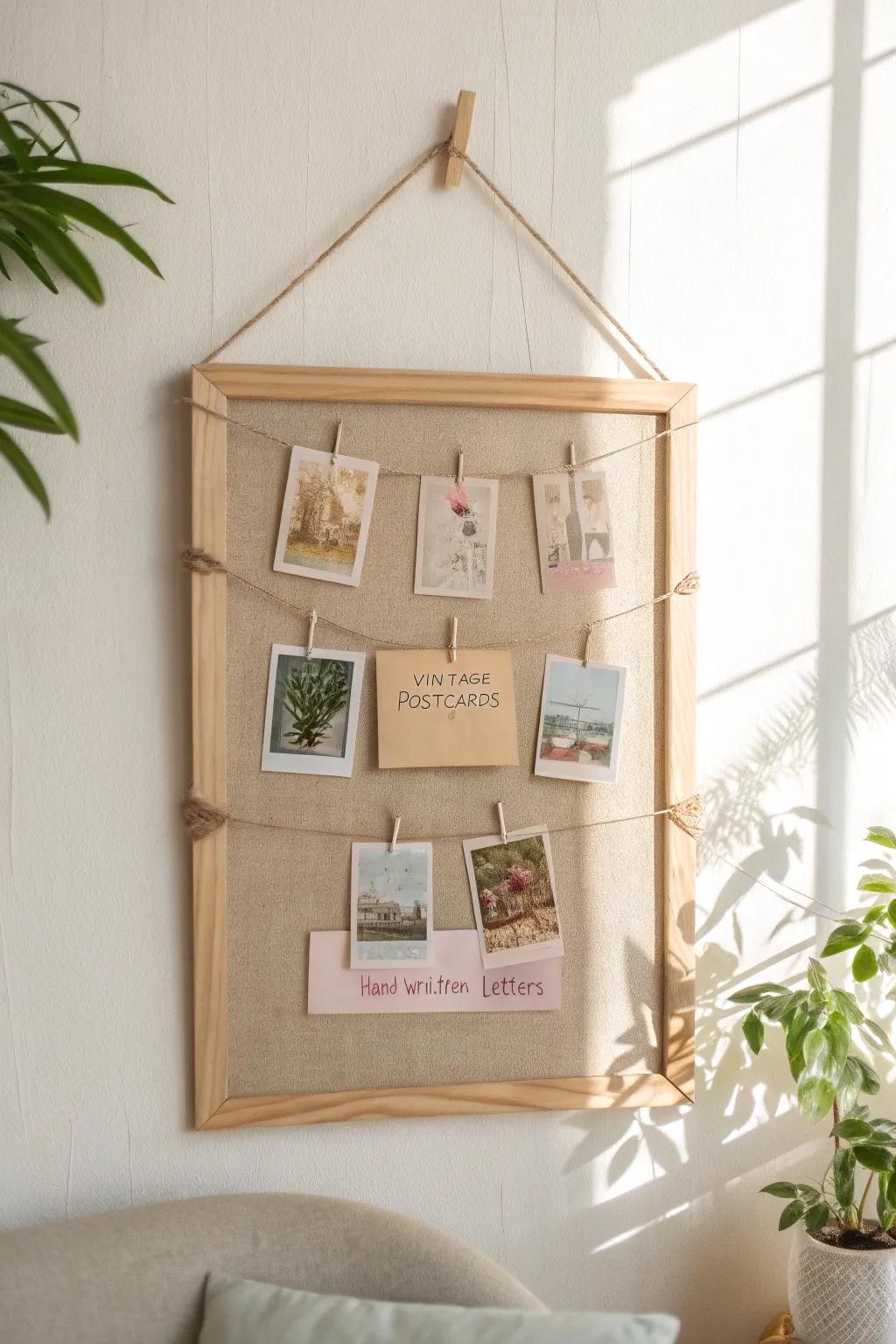 Add a nostalgic charm to your space with vintage keepsakes on a minimalist burlap board.