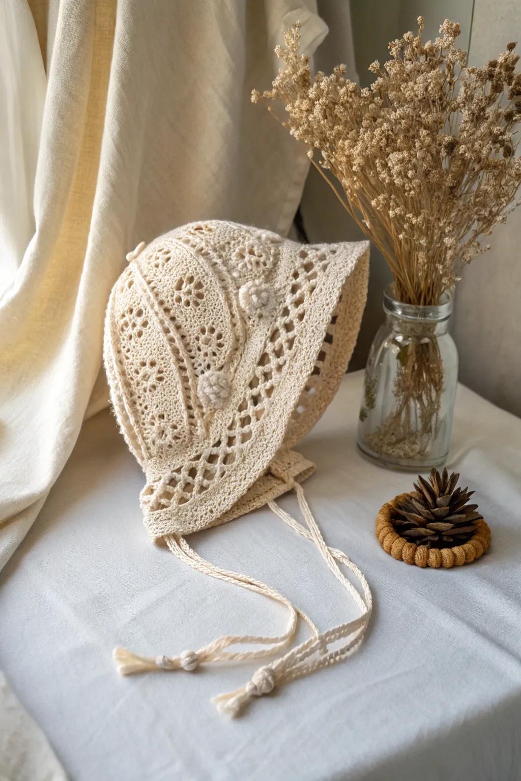 Embrace nostalgia with this beautifully crafted vintage-inspired crochet bonnet, a perfect blend of past elegance and modern minimalism.