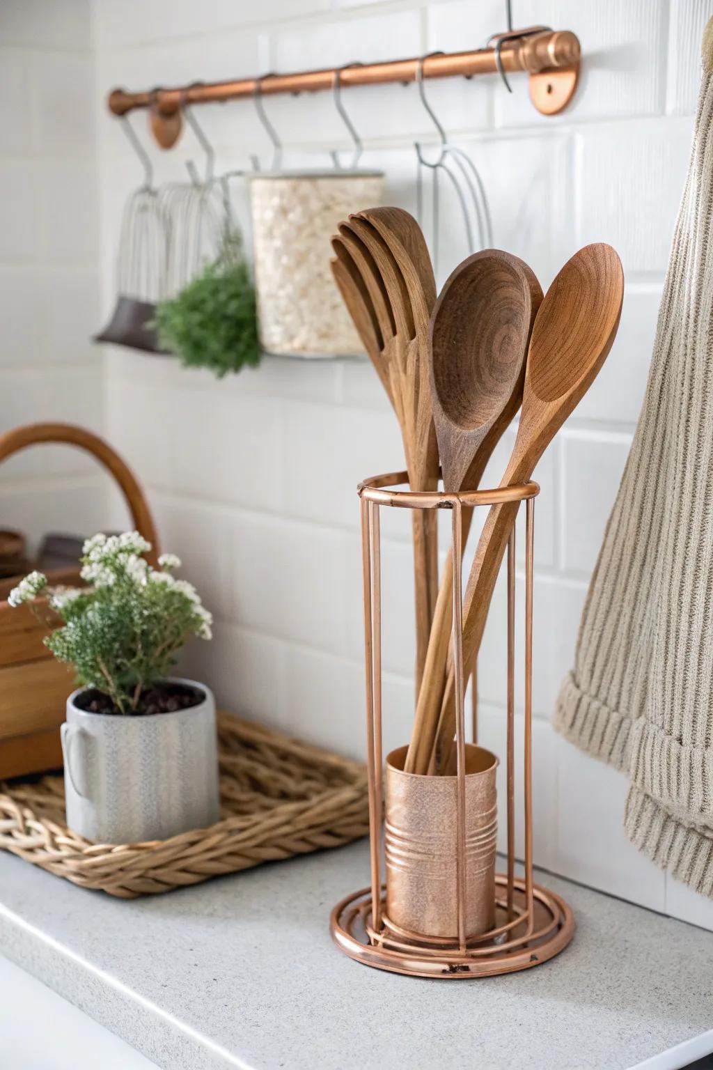 Transform your kitchen with this chic copper pipe utensil holder – a perfect blend of artistry and function.