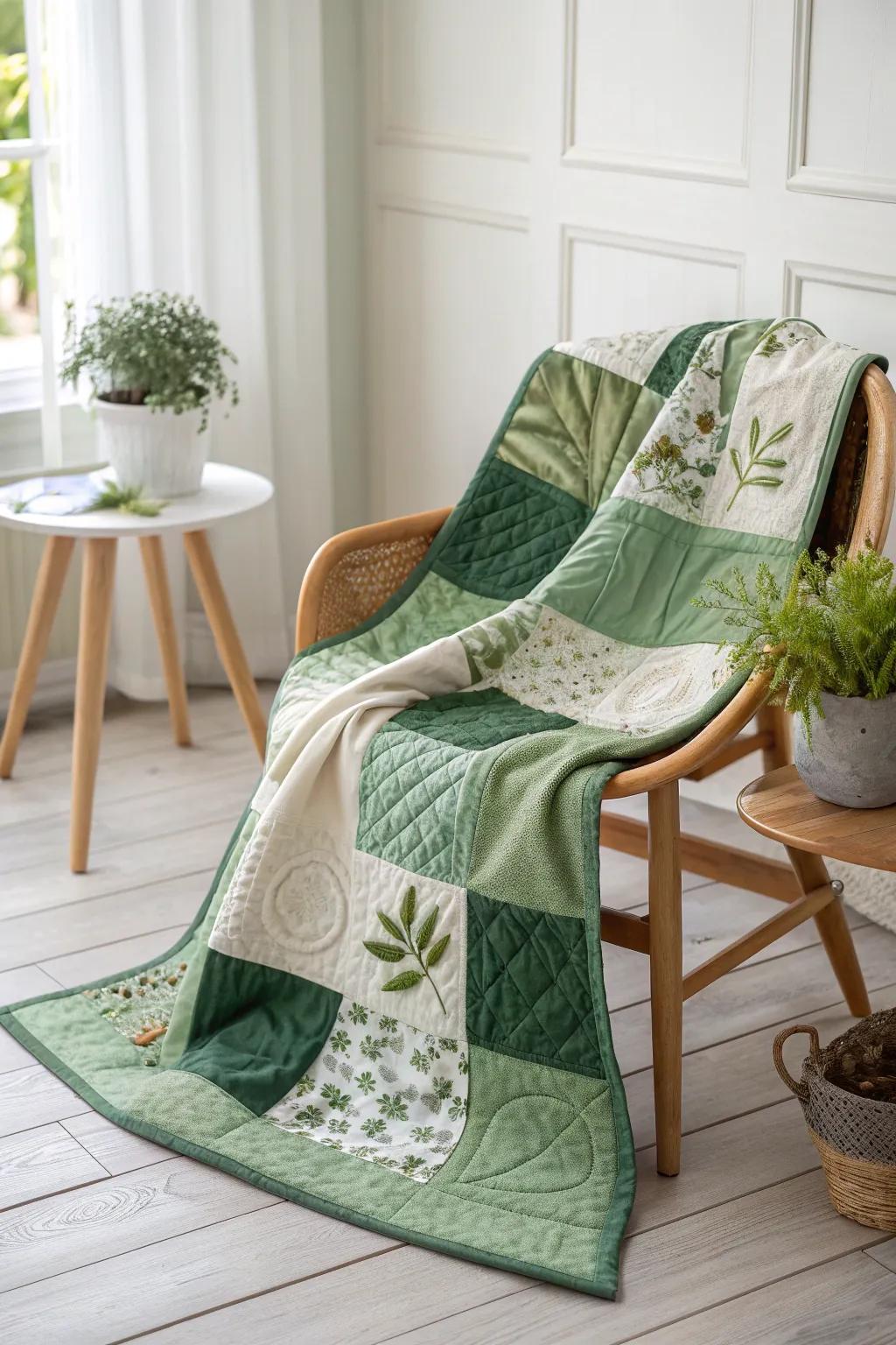 Embrace the art of patchwork with this stunning green quilt that blends Scandinavian minimalism with boho warmth. #QuiltGoals #ScandiBoho