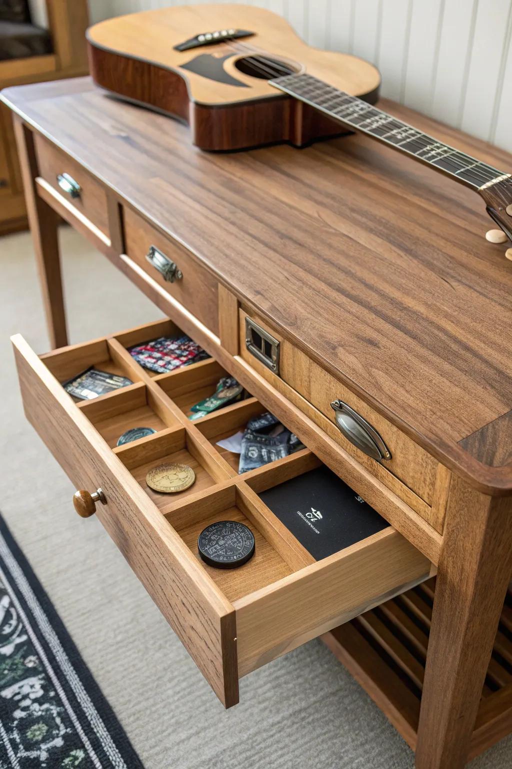 Keep your guitar workspace organized with these elegant under-bench drawers—where craftsmanship meets functionality.