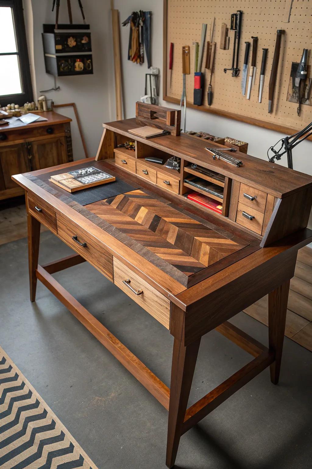 Transform leftover flooring into a stunning craft desk that blends style with functionality.