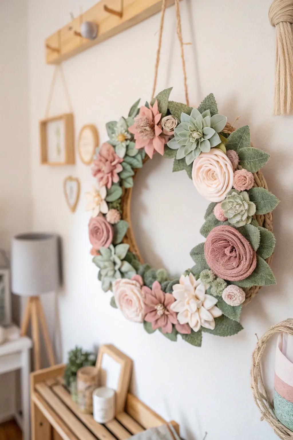 Timeless elegance in felt: Discover the beauty of handcrafted flower wreaths, perfect for any season.