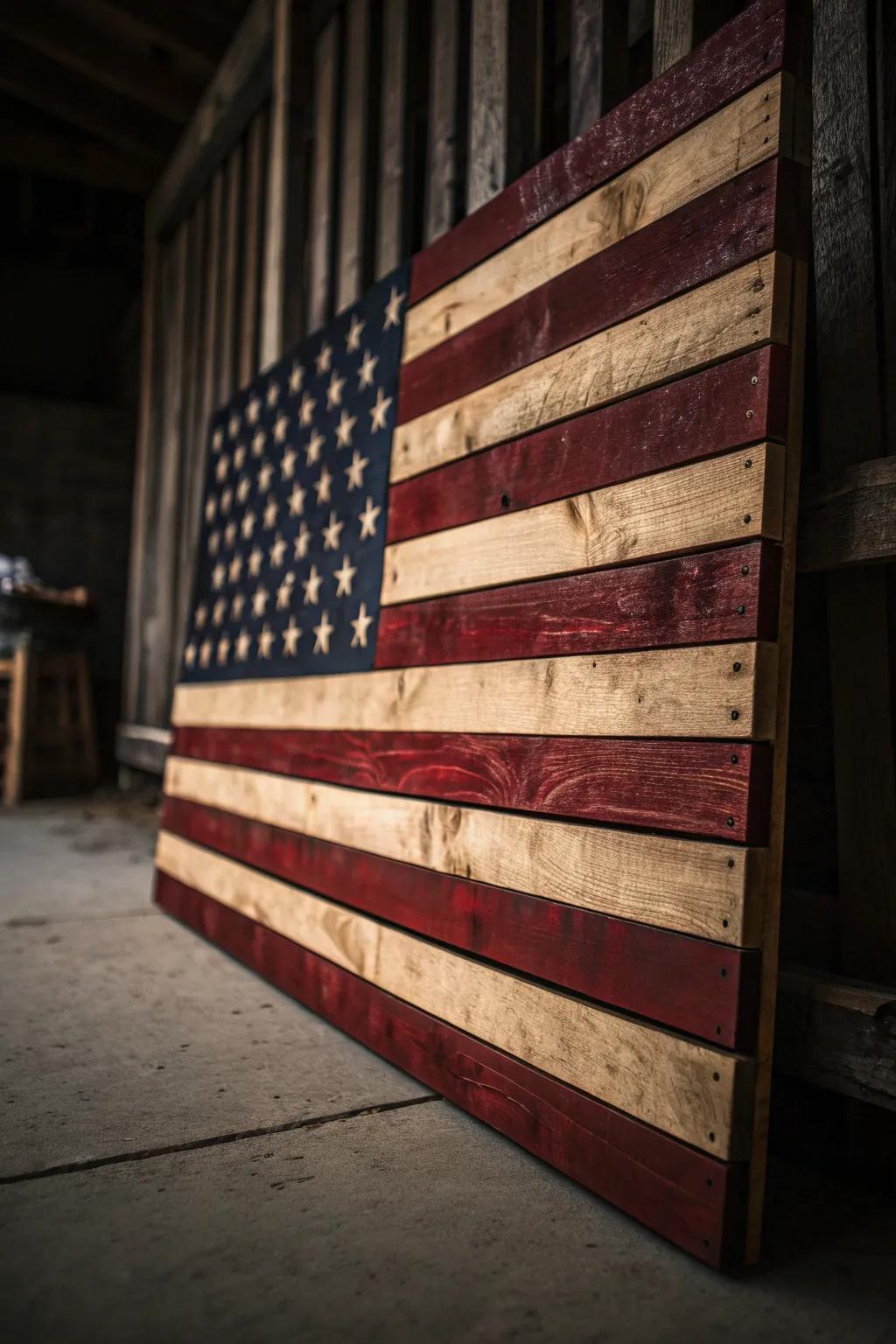 Illuminate your space with a handcrafted pallet flag that glows like a starry night.