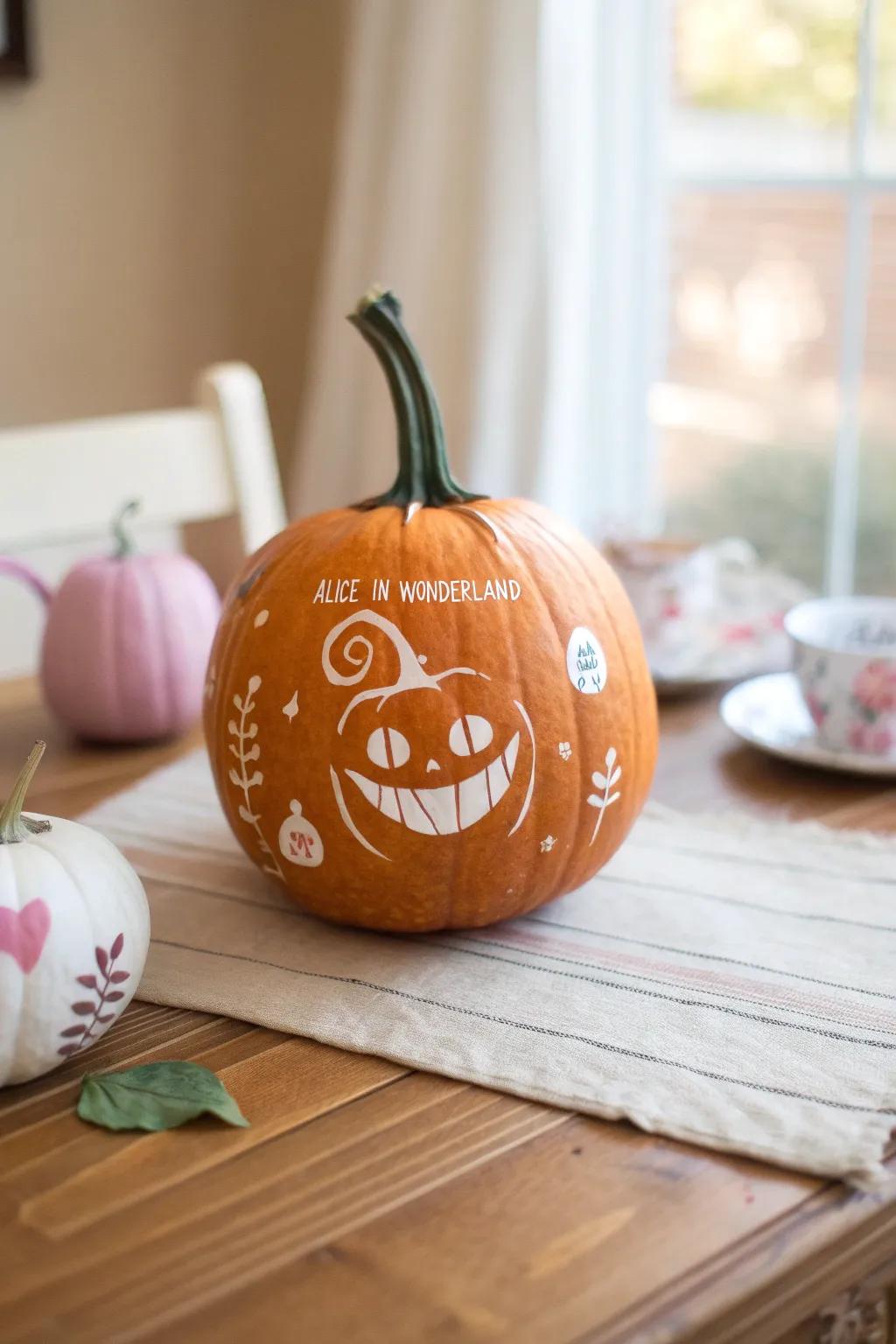 Step into Wonderland with this whimsically painted pumpkin, perfect for adding a touch of fantasy to your fall decor.