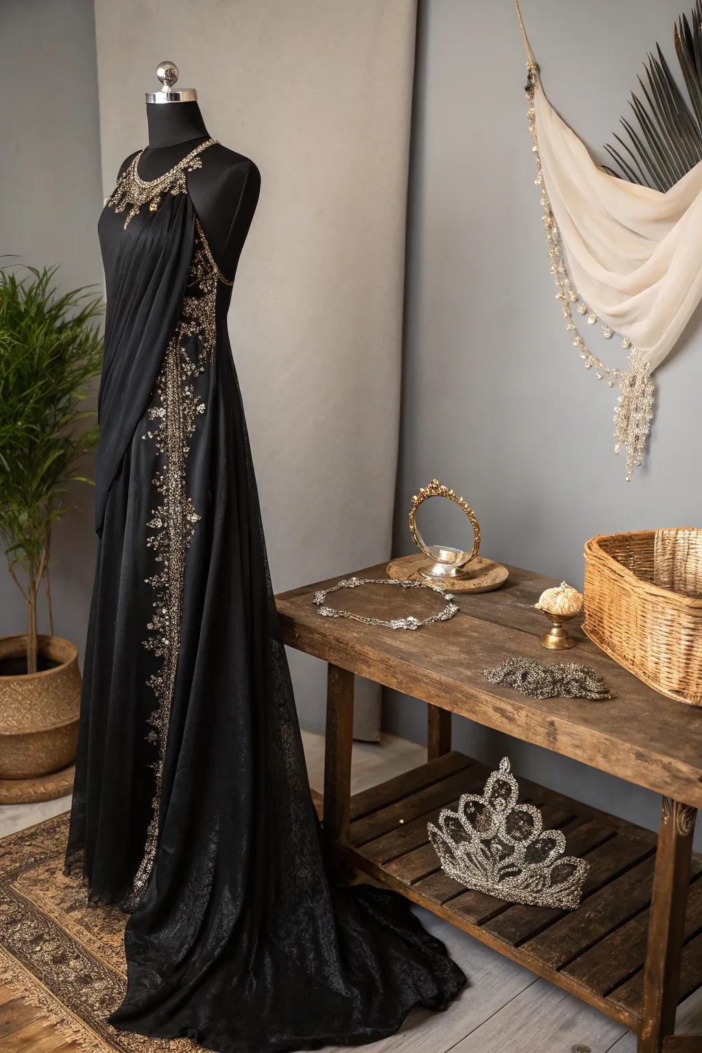 Embrace the allure of a royal black gown with subtle elegance. #RegalMinimalism