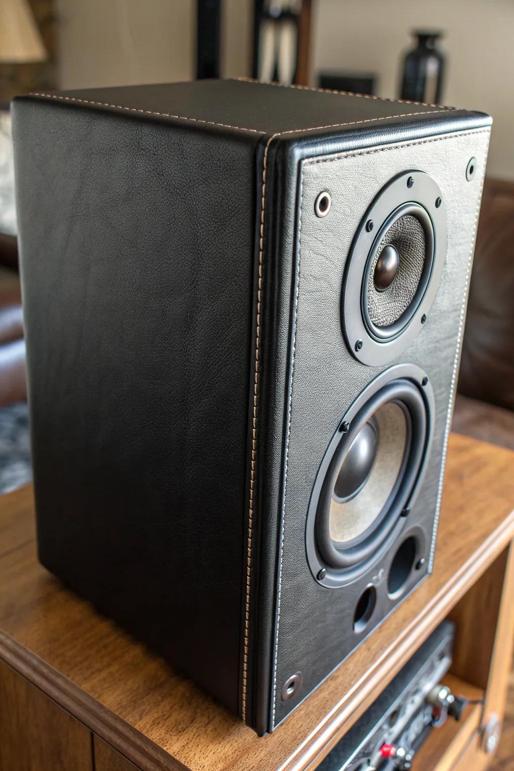 Elevate your audio experience with a touch of luxury: Vinyl-wrapped speaker box in classic black leather.