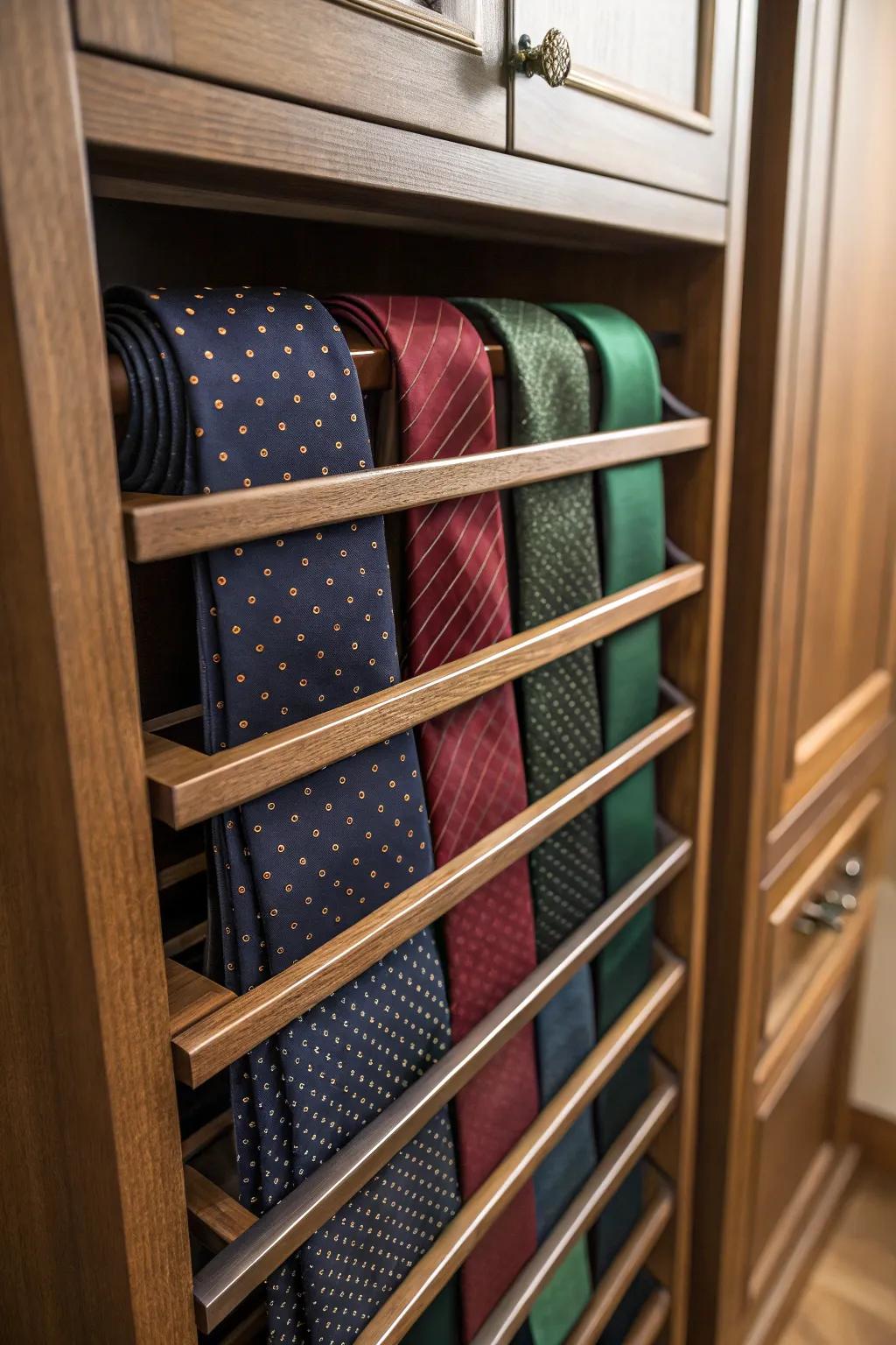 Elevate your style with a bespoke built-in tie rack that embodies luxury and craftsmanship.