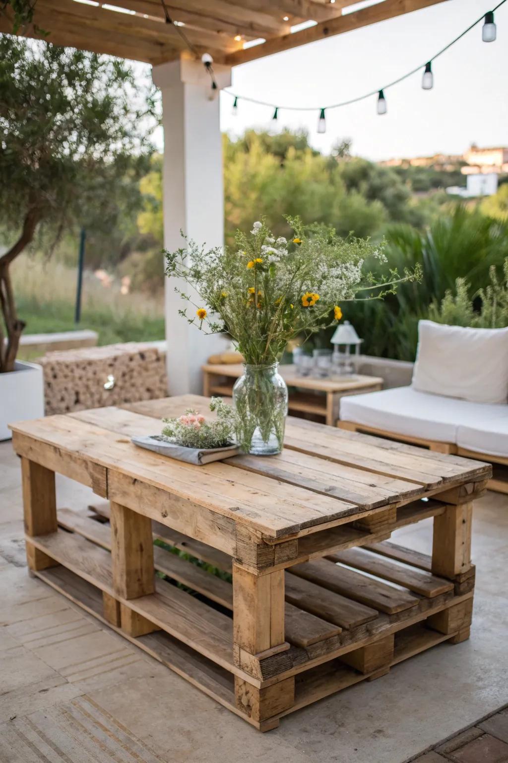 Transform your patio with a charming rustic pallet table, where simplicity meets natural beauty.