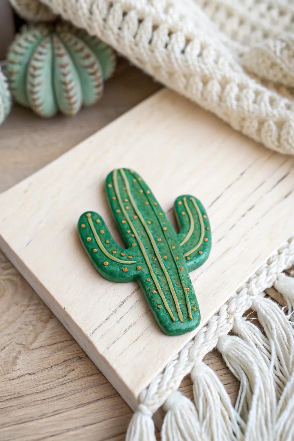 Bring a touch of nature to your fridge with this charming cactus clay magnet, blending minimalist elegance with a bohemian flair.
