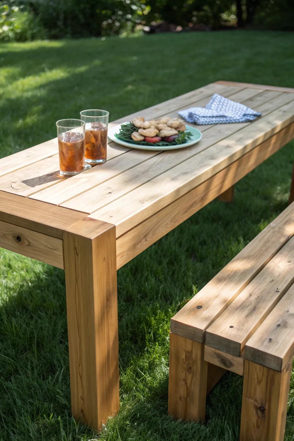 Elevate your outdoor seating with this beautifully crafted bench featuring a built-in table for ultimate convenience.