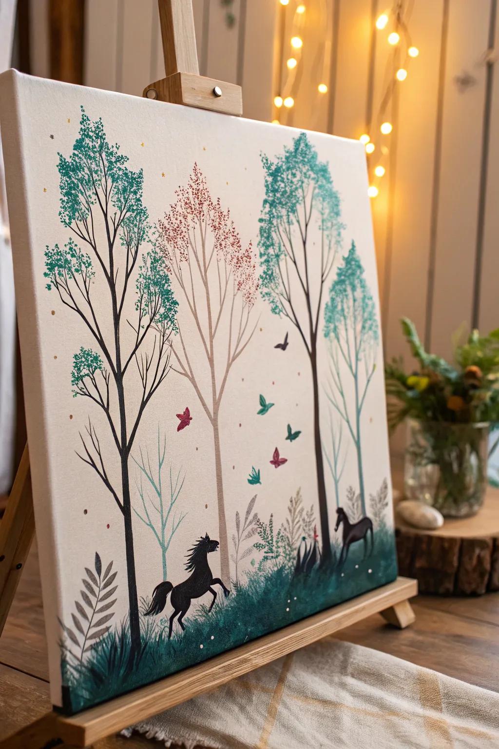 Dive into a whimsical world with this enchanting fantasy forest painting—perfect for adding a touch of magic to your minimalist decor.