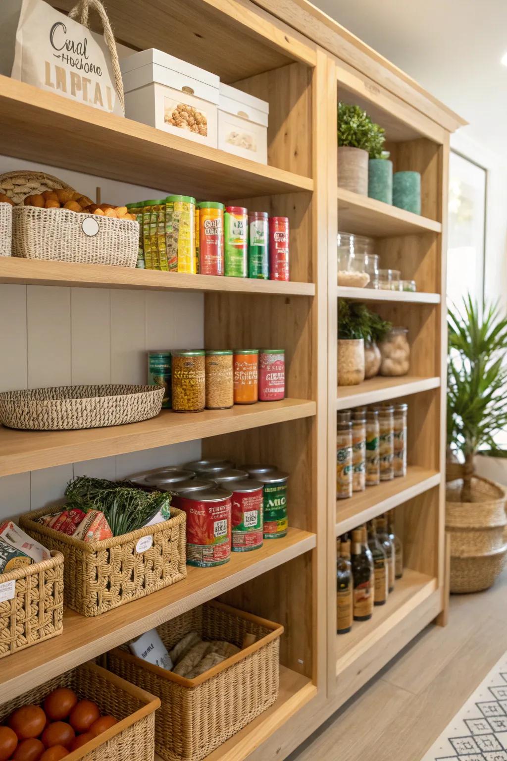 Transform your pantry into a masterpiece with a stunning display of canned goods and snacks.