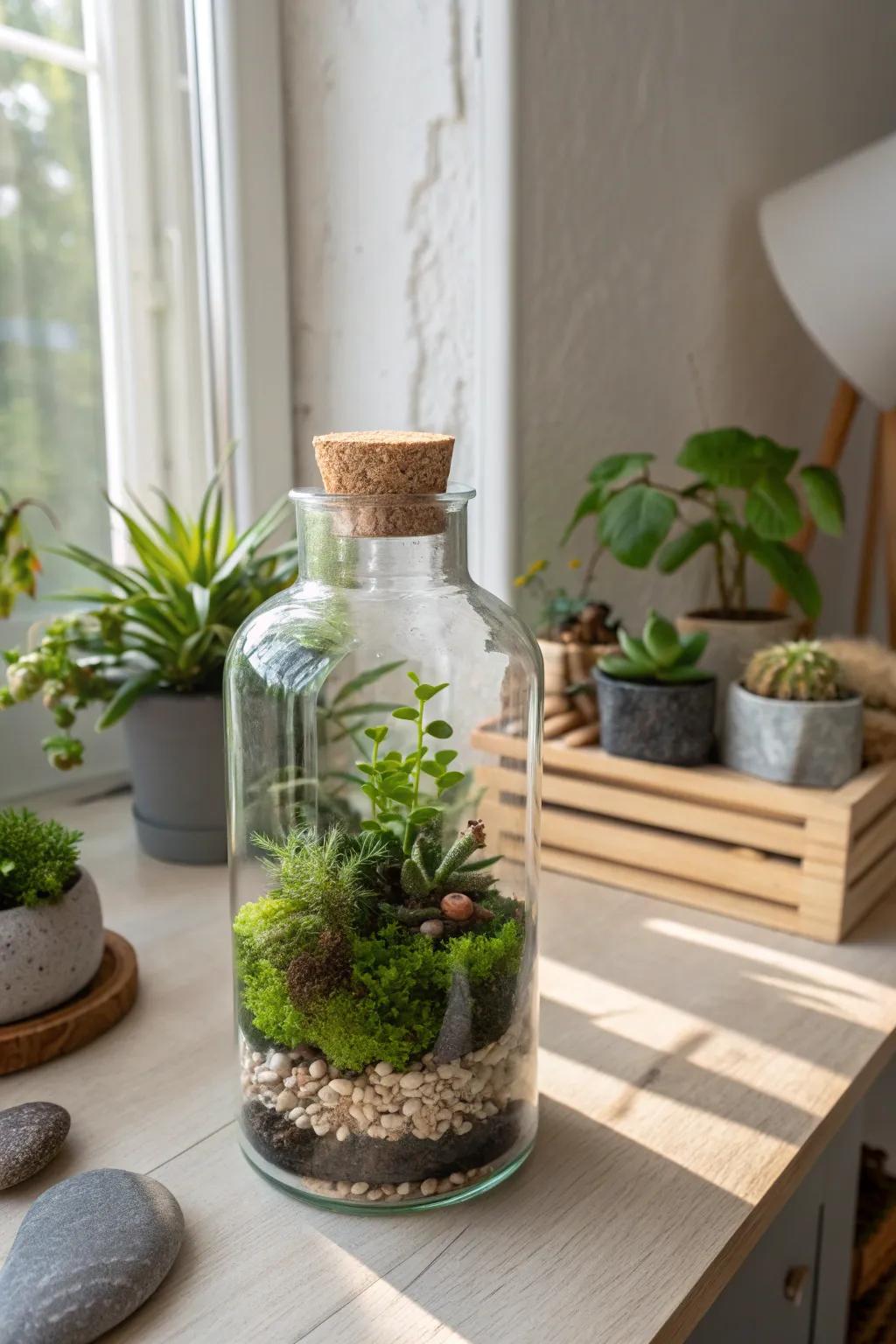 Transform your space with a touch of nature: Bottle terrariums bring tranquility and charm to any corner.