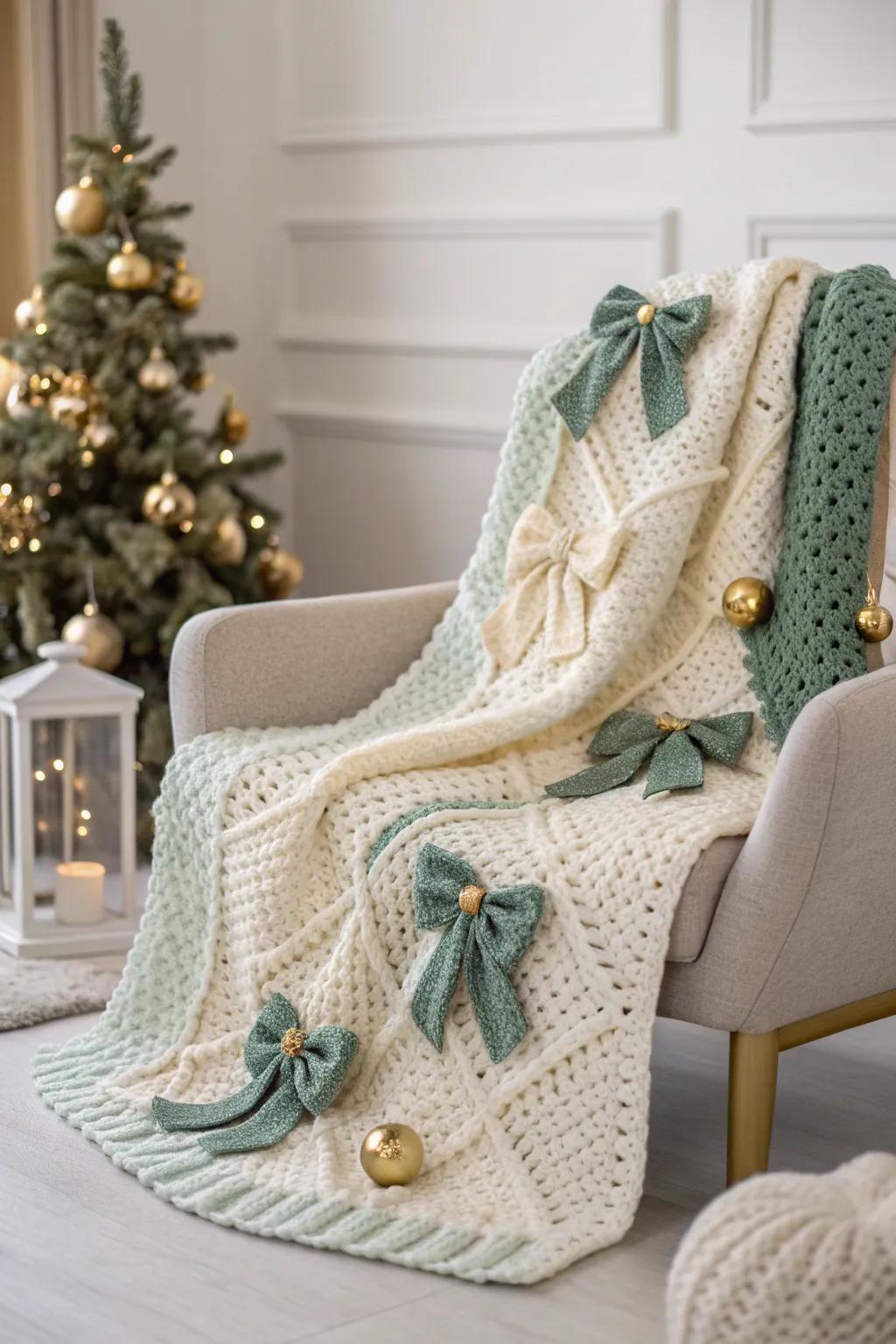 Wrap yourself in festive cheer with this charming crochet blanket adorned with jingle bell bows. Perfect for a cozy Christmas vibe!