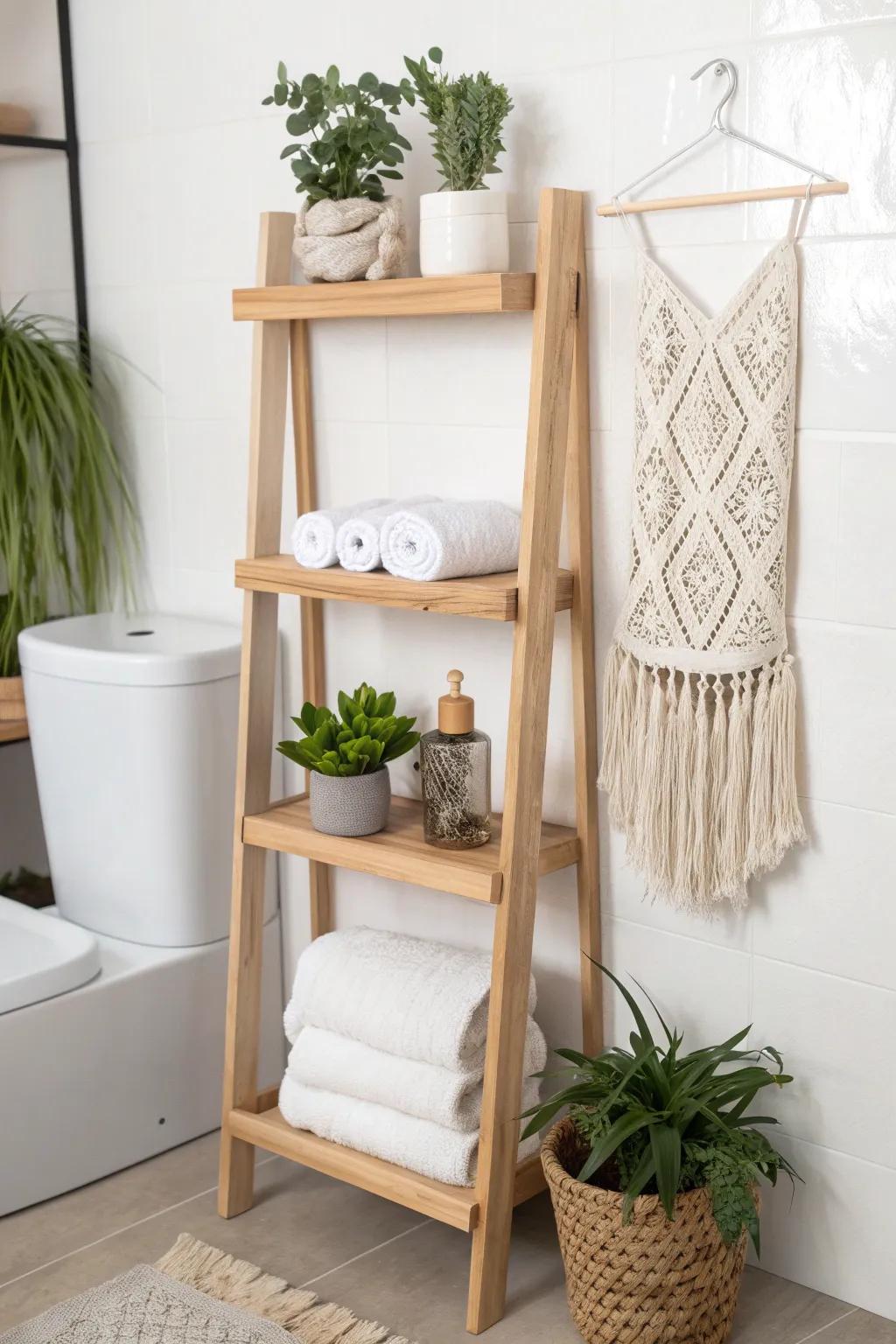 Elevate your bathroom decor with chic over-the-toilet shelving that blends Scandinavian minimalism with boho charm. 🌿✨