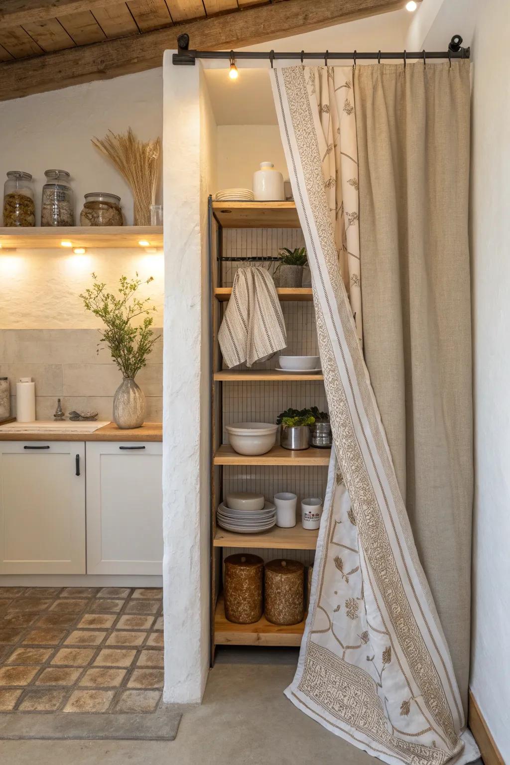 Transform your kitchen space with a minimalist touch—hide open shelving with a charming curtain for a sleek and cohesive look!