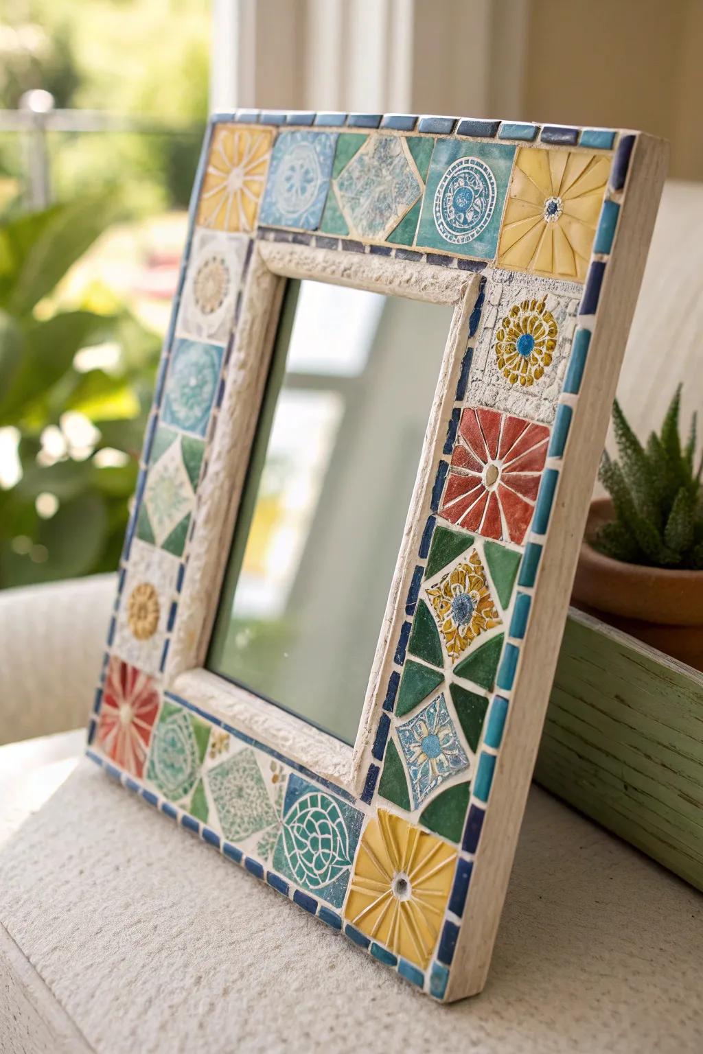 Bring a playful pop to your decor with DIY mosaic tile frames! 🌿🎨 #ScandiBoho #Craftsmanship #DIYDecor