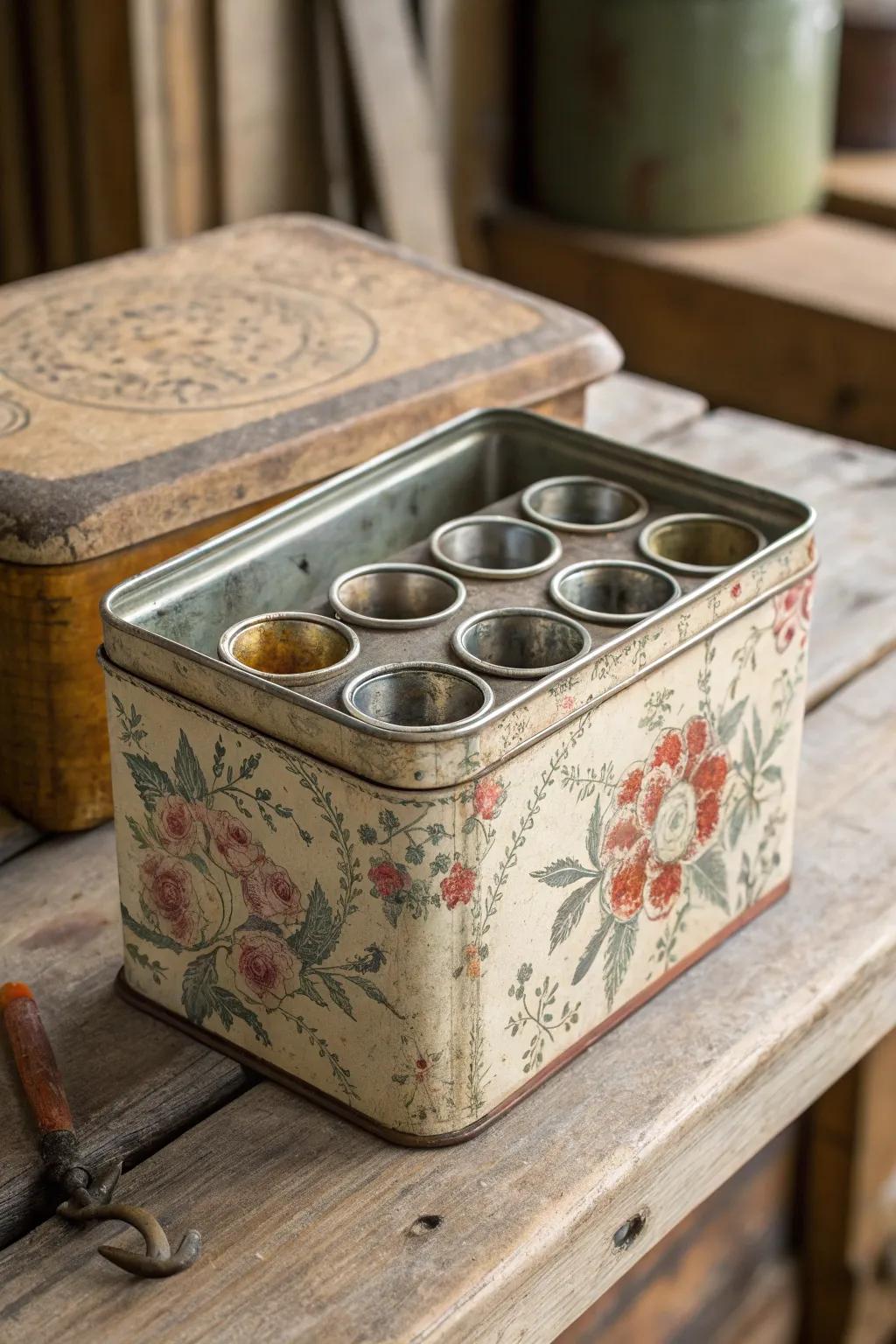 Embrace nostalgia with a vintage tin socket organizer—where charm meets function.