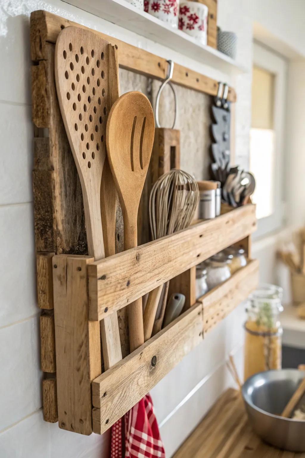 Elevate your kitchen with rustic charm: Upcycle a pallet into a chic utensil holder.