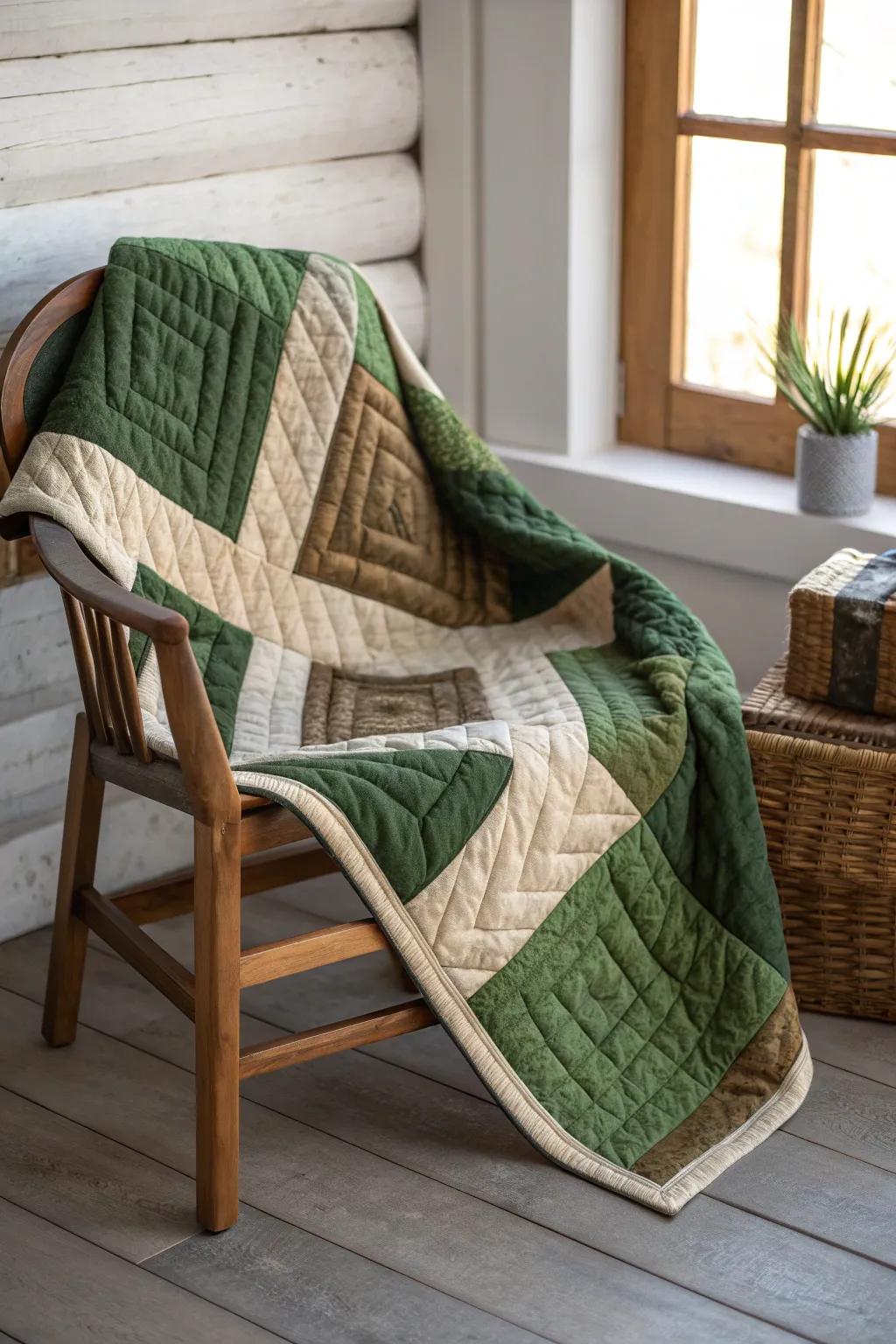 Discover a modern take on the classic log cabin quilt with vibrant greens and soothing neutrals. Perfect for adding a touch of elegance to any minimalist space.