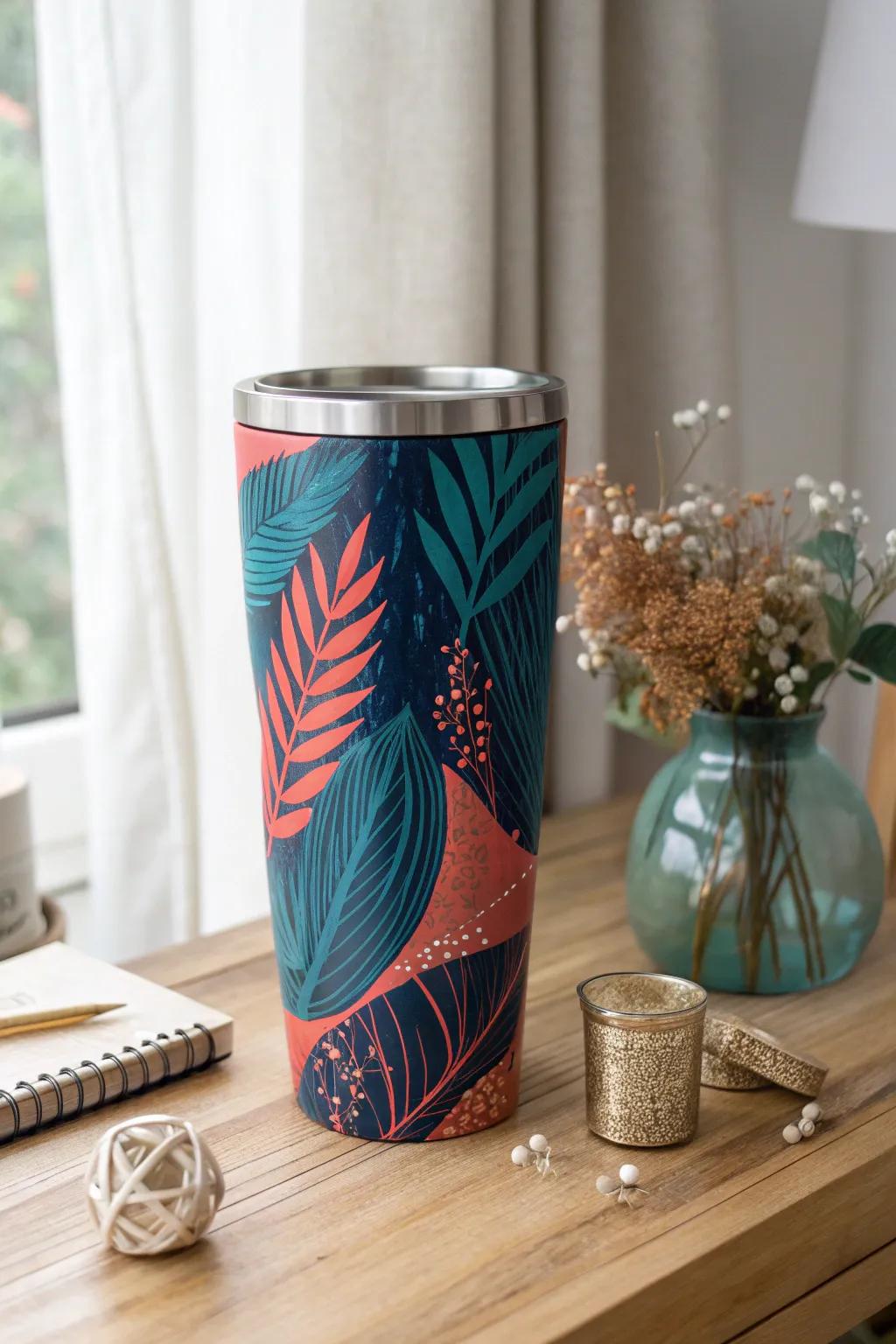 Discover the art of every sip with this stunning abstract peekaboo tumbler.