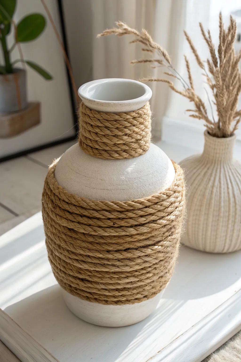 Transform simplicity into artistry with a beautifully crafted rope vase, perfect for adding a touch of texture to your home decor.