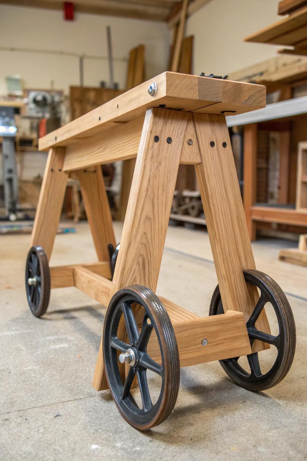 Craftsmanship meets mobility: A beautifully crafted sawhorse on wheels, ready to transform your workspace.