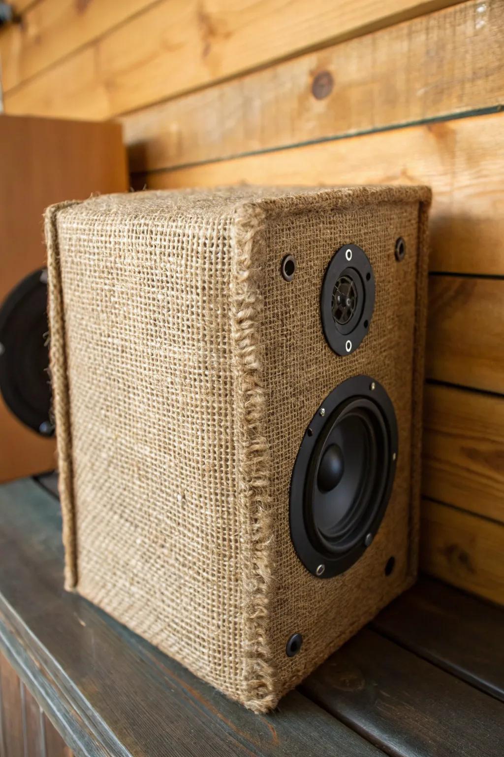 Add rustic charm to your space with a burlap-covered speaker box.